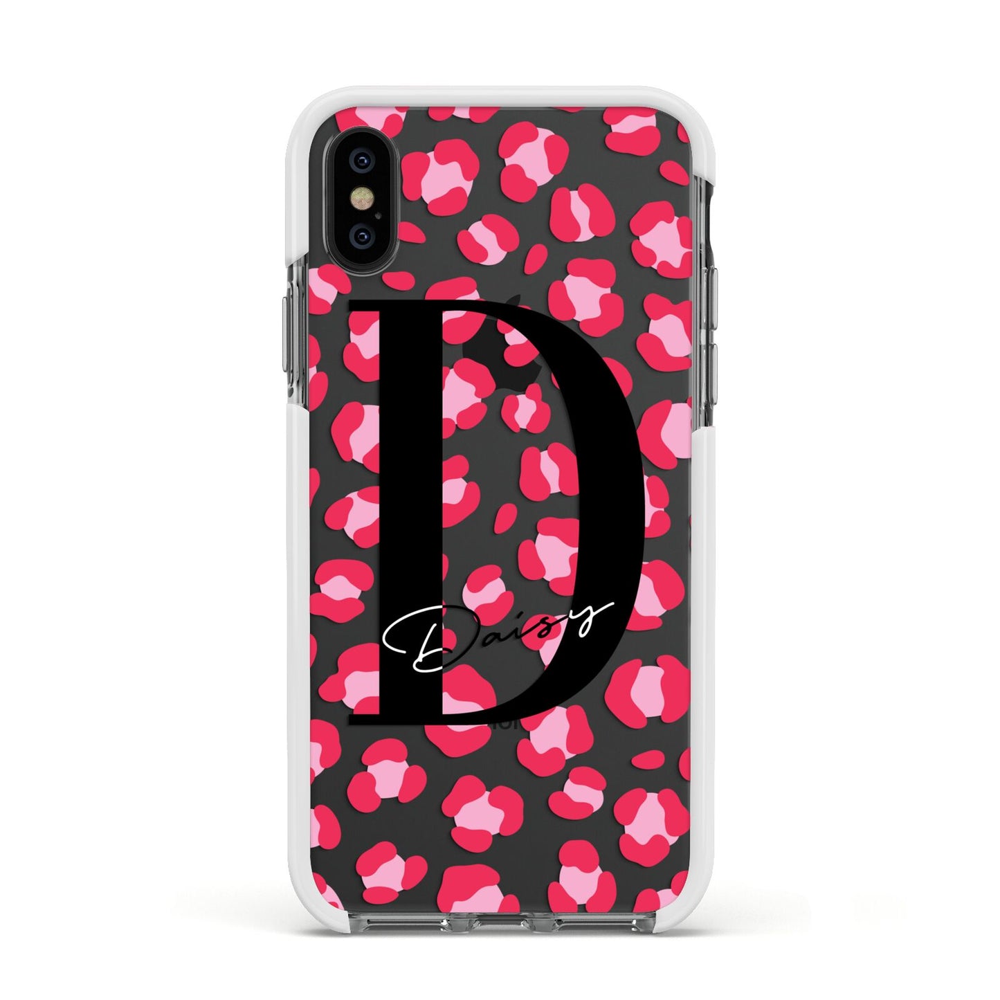 Personalised Pink Clear Leopard Print Apple iPhone Xs Impact Case White Edge on Black Phone