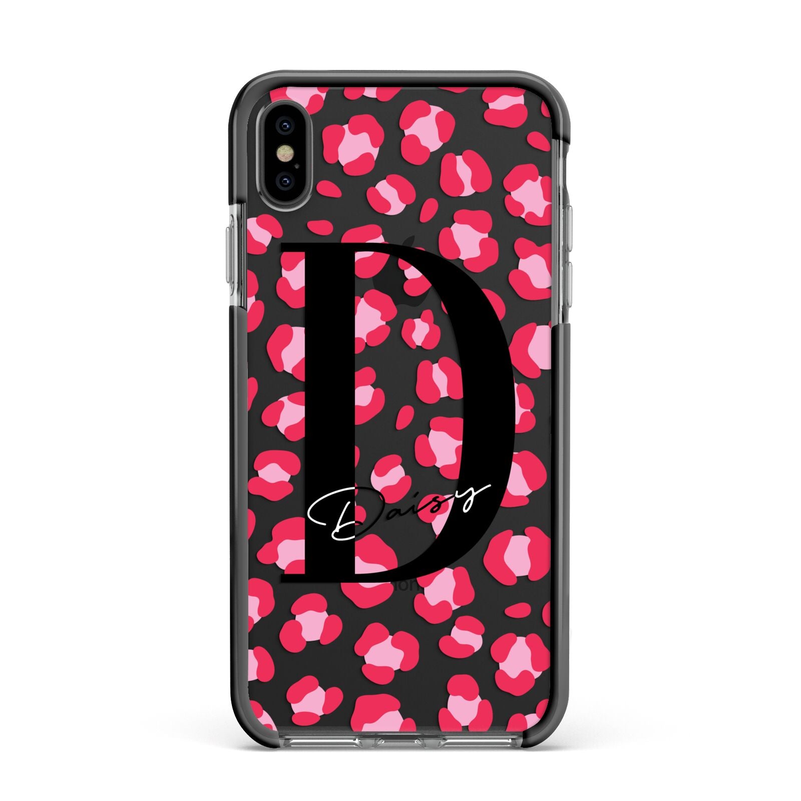 Personalised Pink Clear Leopard Print Apple iPhone Xs Max Impact Case Black Edge on Black Phone