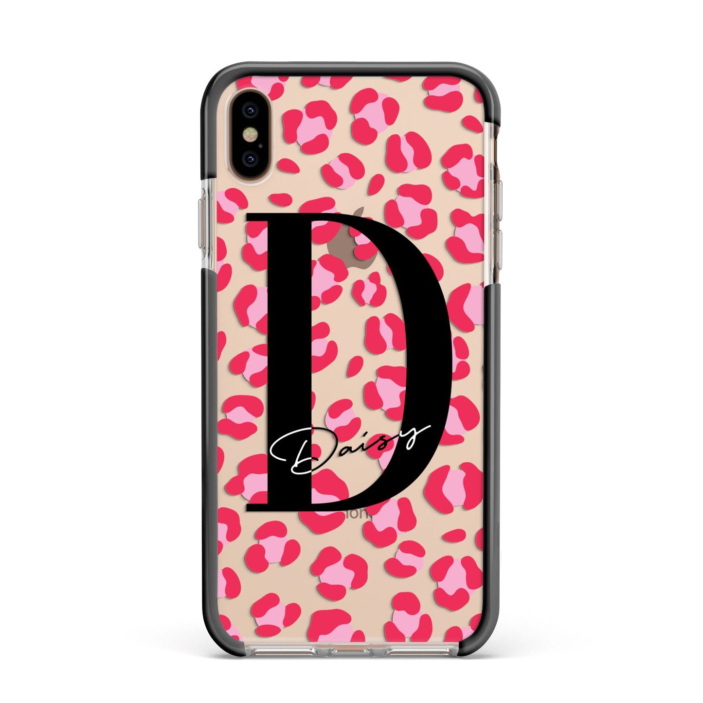 Personalised Pink Clear Leopard Print Apple iPhone Xs Max Impact Case Black Edge on Gold Phone
