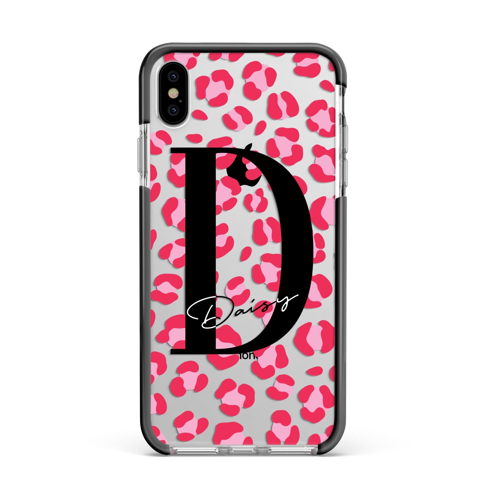 Personalised Pink Clear Leopard Print Apple iPhone Xs Max Impact Case Black Edge on Silver Phone
