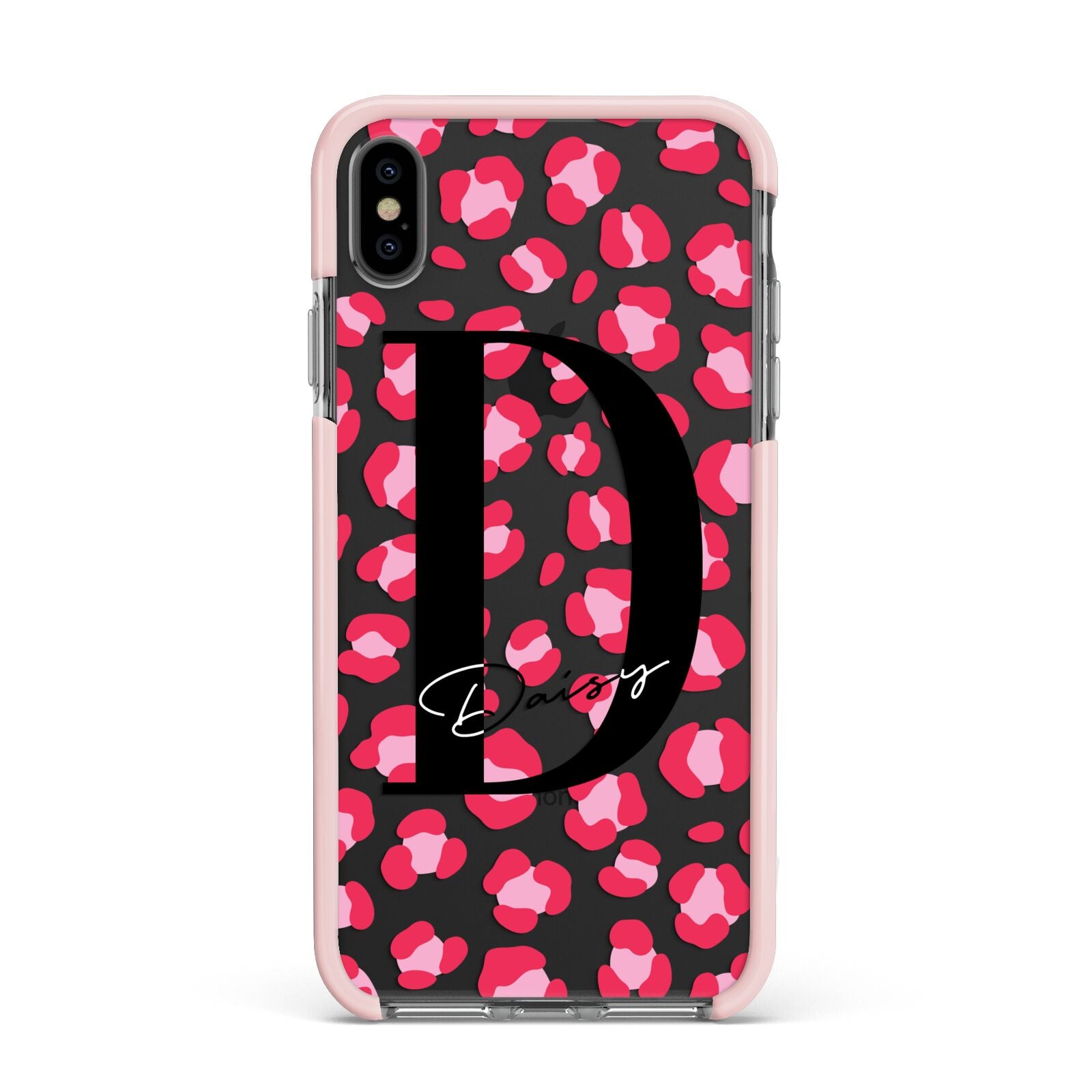Personalised Pink Clear Leopard Print Apple iPhone Xs Max Impact Case Pink Edge on Black Phone