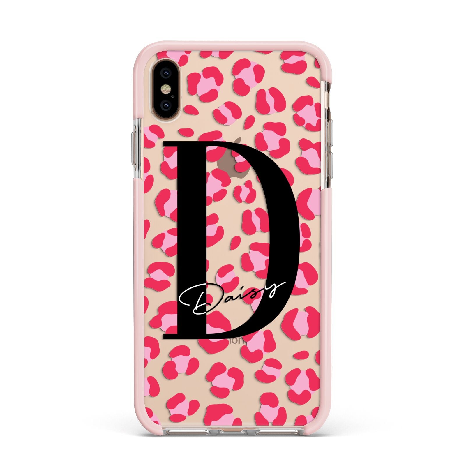 Personalised Pink Clear Leopard Print Apple iPhone Xs Max Impact Case Pink Edge on Gold Phone