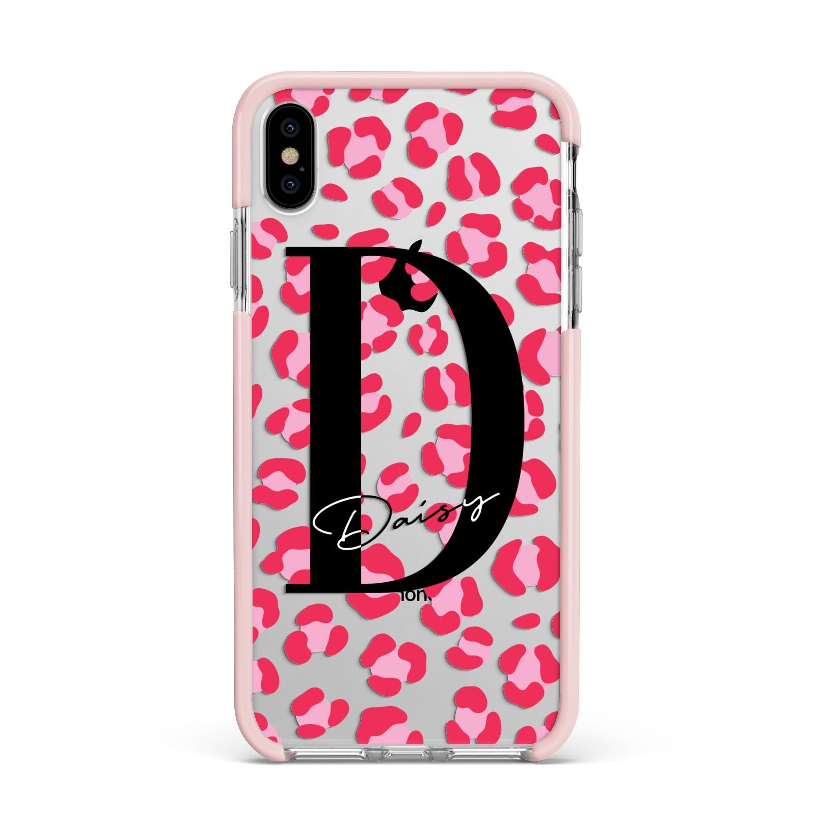Personalised Pink Clear Leopard Print Apple iPhone Xs Max Impact Case Pink Edge on Silver Phone