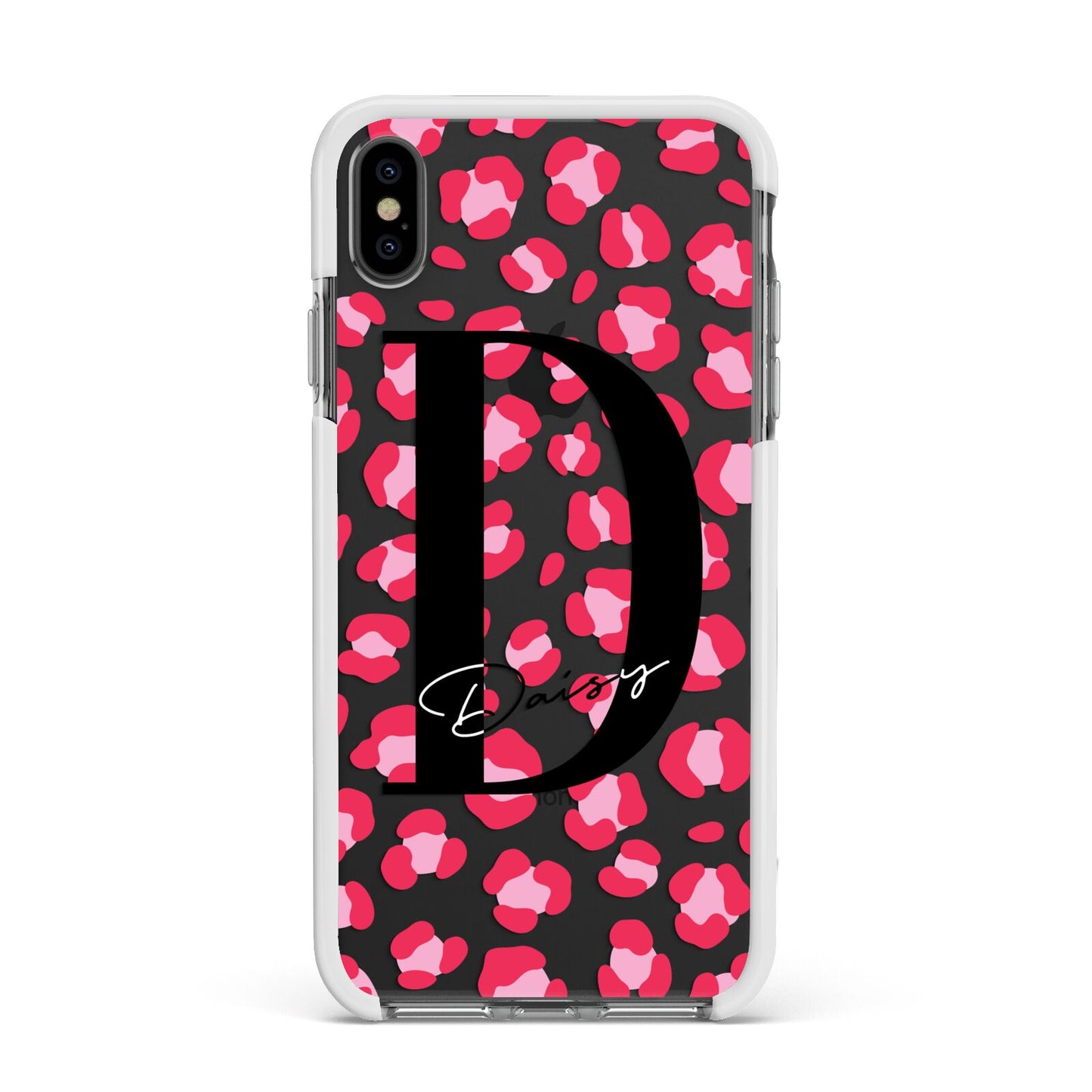 Personalised Pink Clear Leopard Print Apple iPhone Xs Max Impact Case White Edge on Black Phone