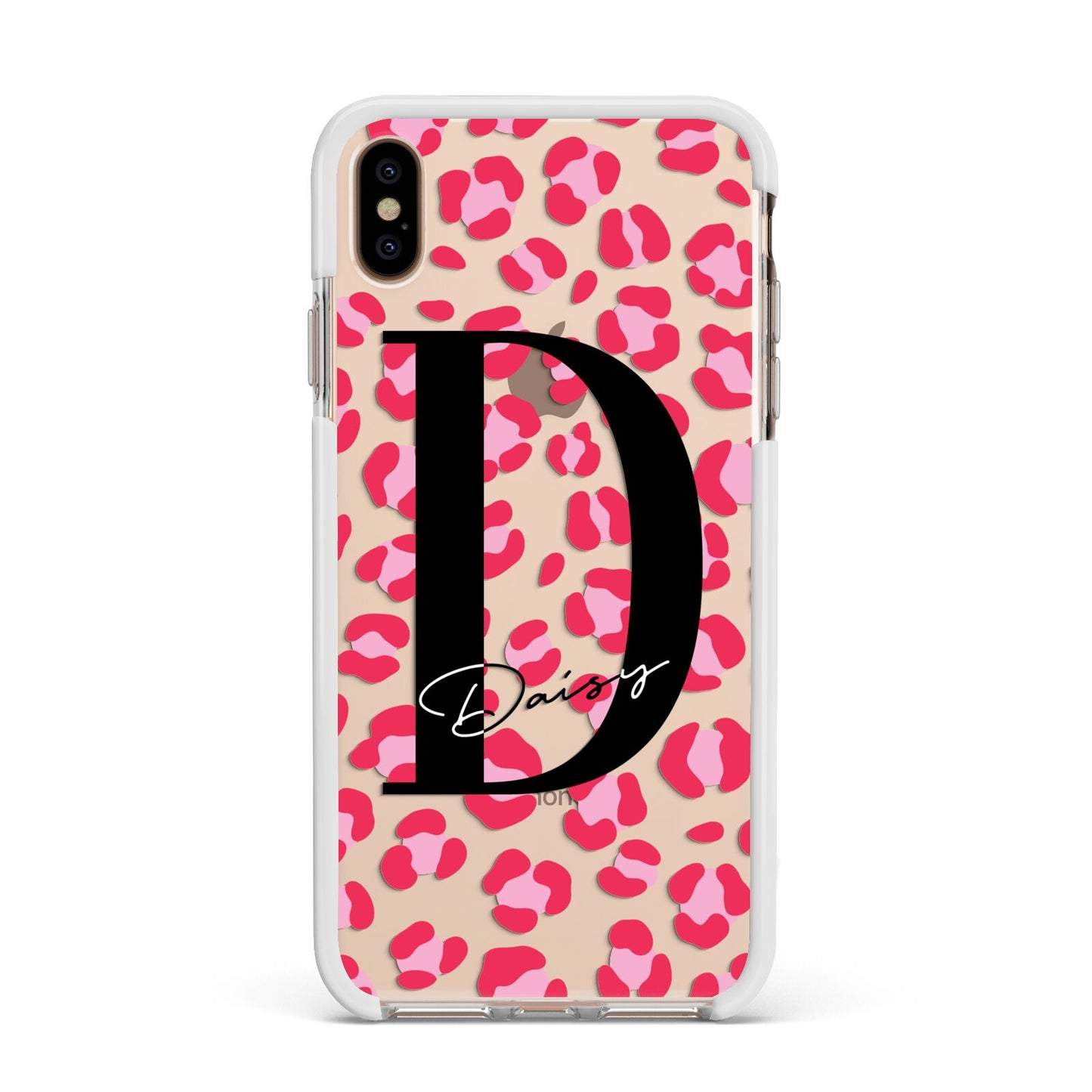 Personalised Pink Clear Leopard Print Apple iPhone Xs Max Impact Case White Edge on Gold Phone
