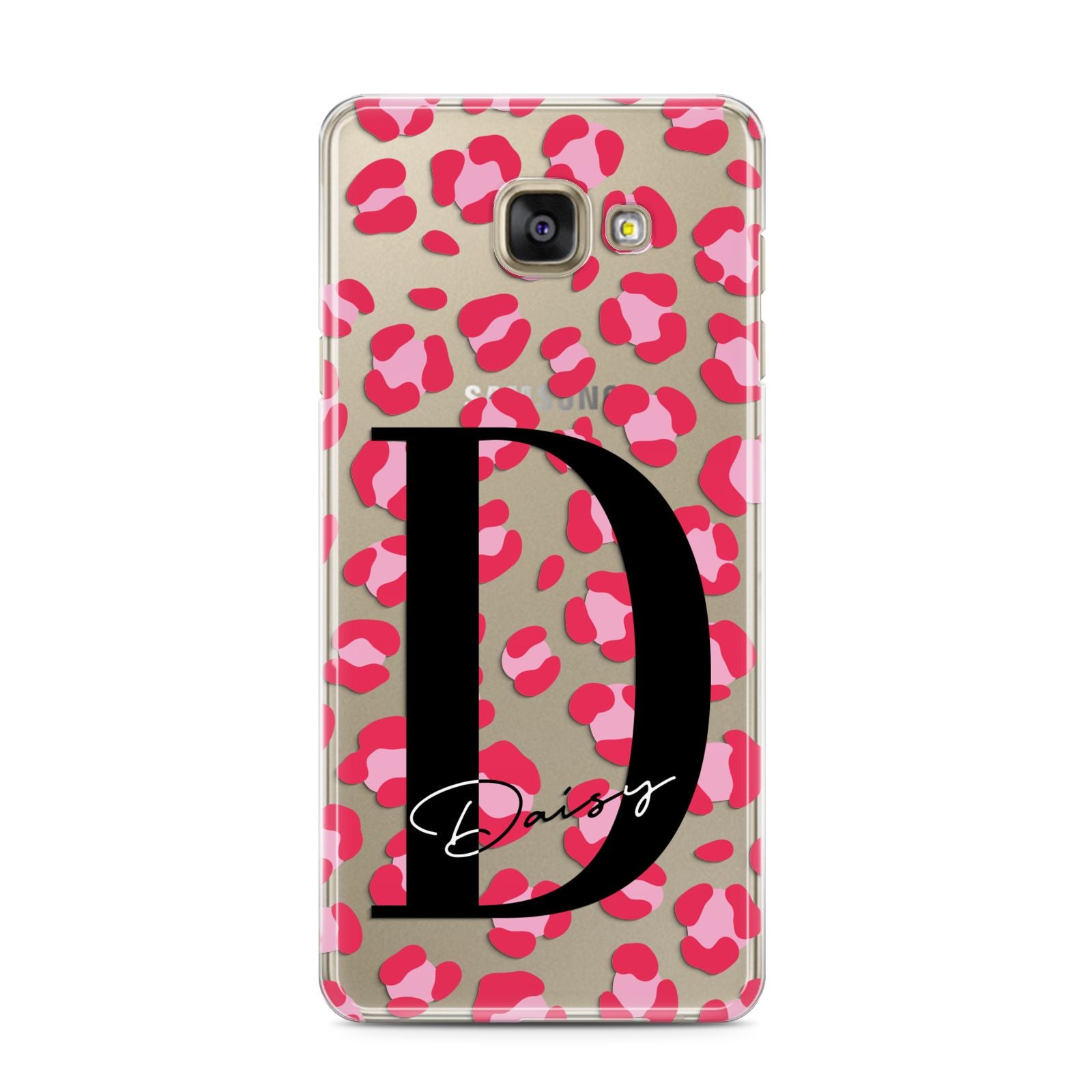 Personalised Pink Clear Leopard Print Samsung Galaxy A3 2016 Case on gold phone