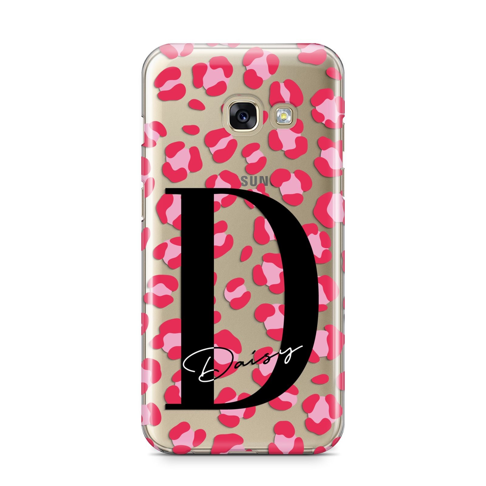 Personalised Pink Clear Leopard Print Samsung Galaxy A3 2017 Case on gold phone