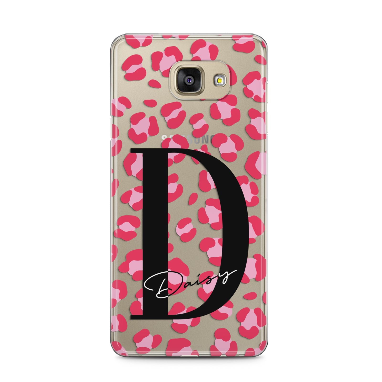 Personalised Pink Clear Leopard Print Samsung Galaxy A5 2016 Case on gold phone