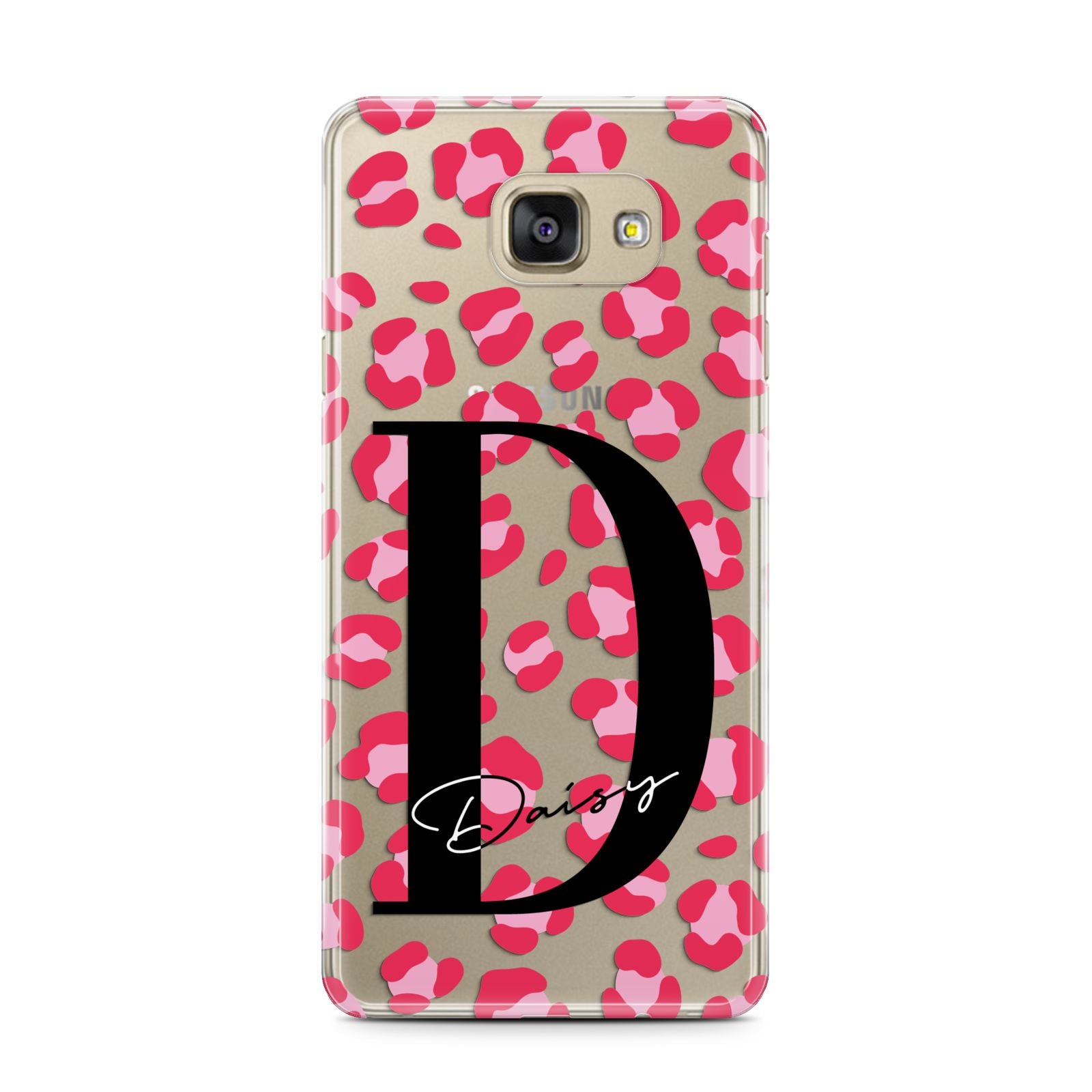 Personalised Pink Clear Leopard Print Samsung Galaxy A7 2016 Case on gold phone