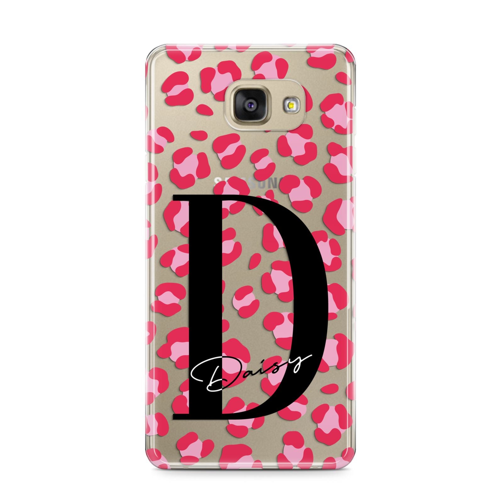 Personalised Pink Clear Leopard Print Samsung Galaxy A9 2016 Case on gold phone