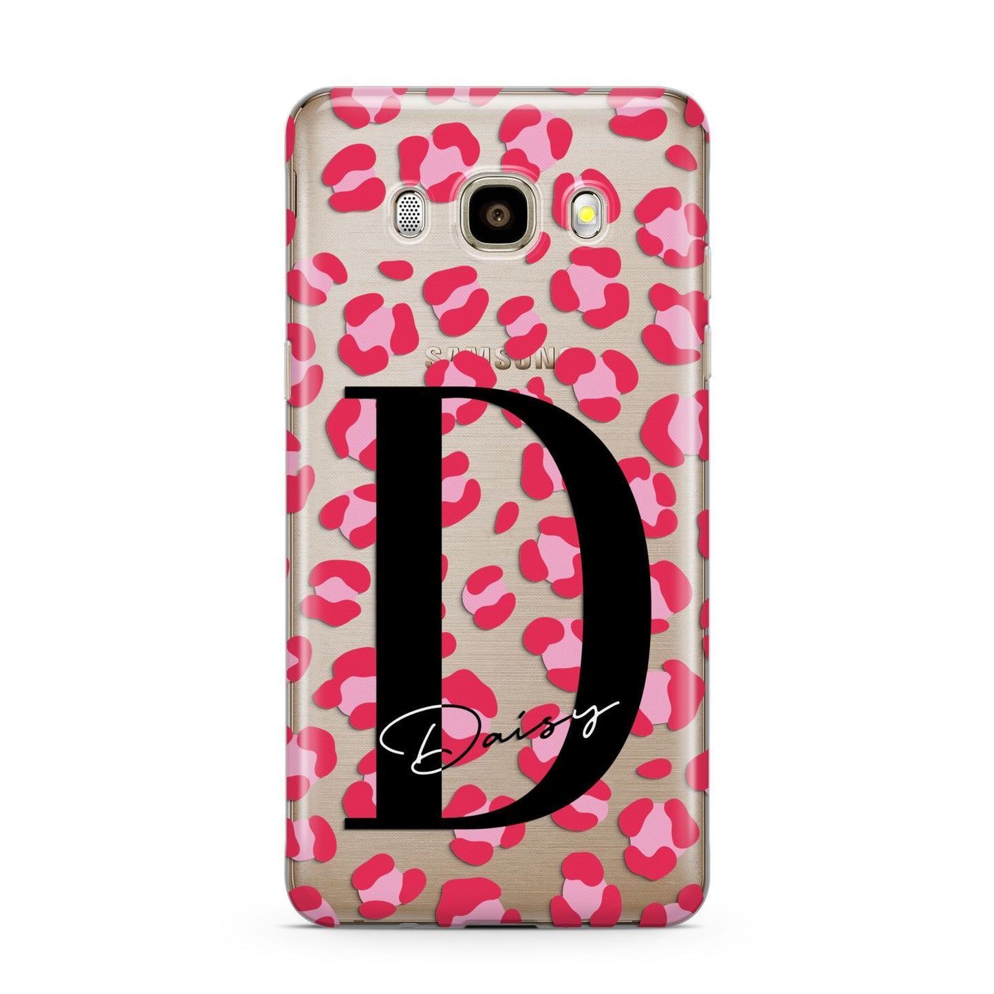 Personalised Pink Clear Leopard Print Samsung Galaxy J7 2016 Case on gold phone