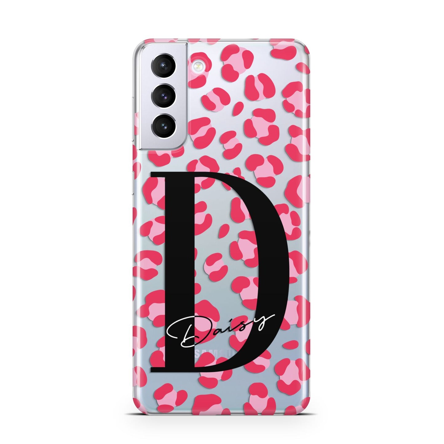 Personalised Pink Clear Leopard Print Samsung S21 Plus Phone Case