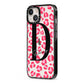 Personalised Pink Clear Leopard Print iPhone 13 Black Impact Case Side Angle on Silver phone