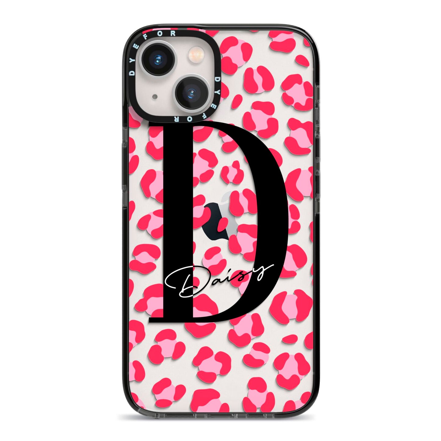 Personalised Pink Clear Leopard Print iPhone 13 Black Impact Case on Silver phone