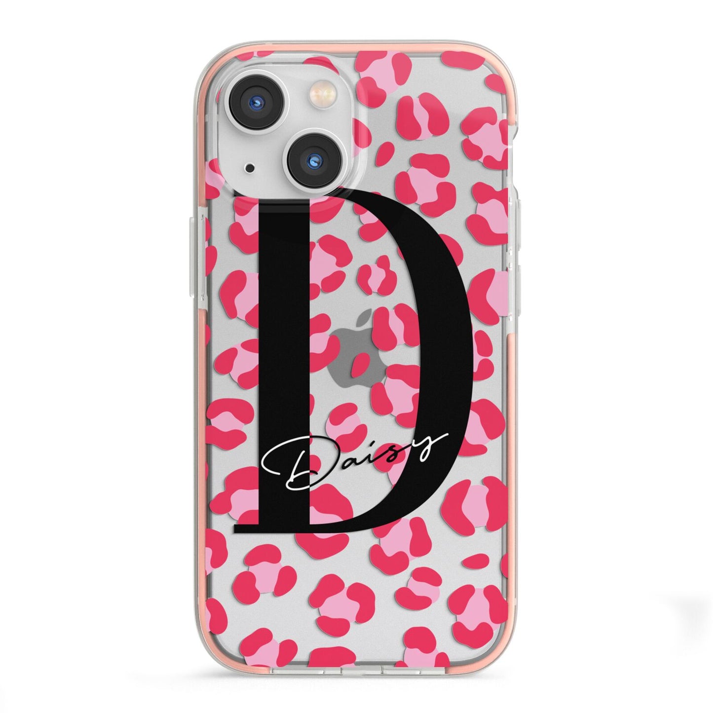 Personalised Pink Clear Leopard Print iPhone 13 Mini TPU Impact Case with Pink Edges