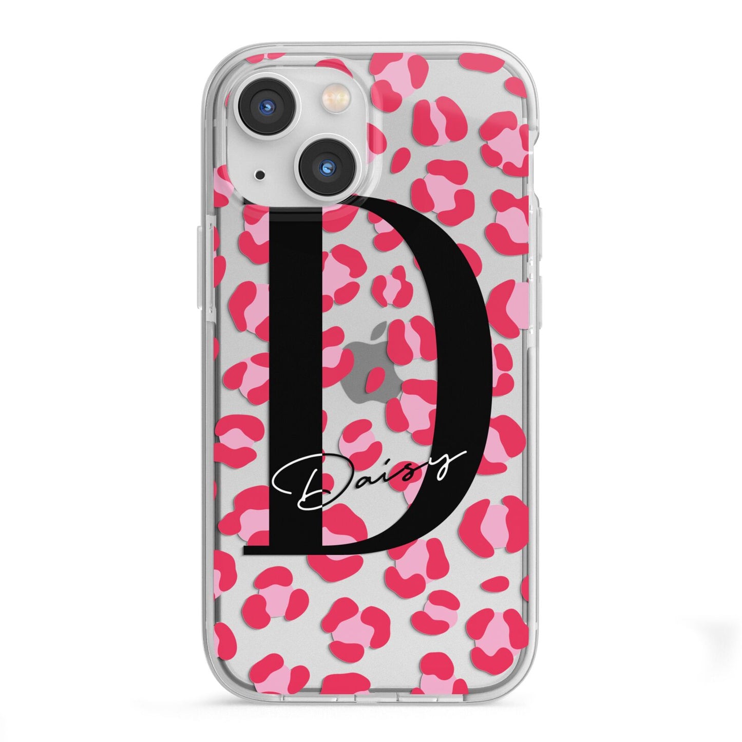 Personalised Pink Clear Leopard Print iPhone 13 Mini TPU Impact Case with White Edges