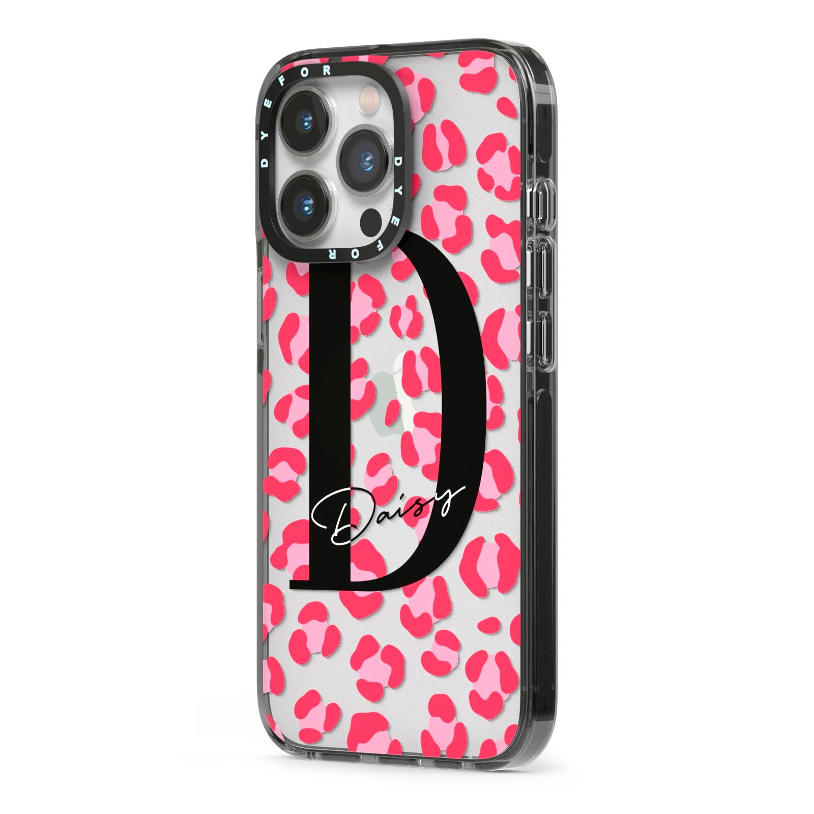 Personalised Pink Clear Leopard Print iPhone 13 Pro Black Impact Case Side Angle on Silver phone