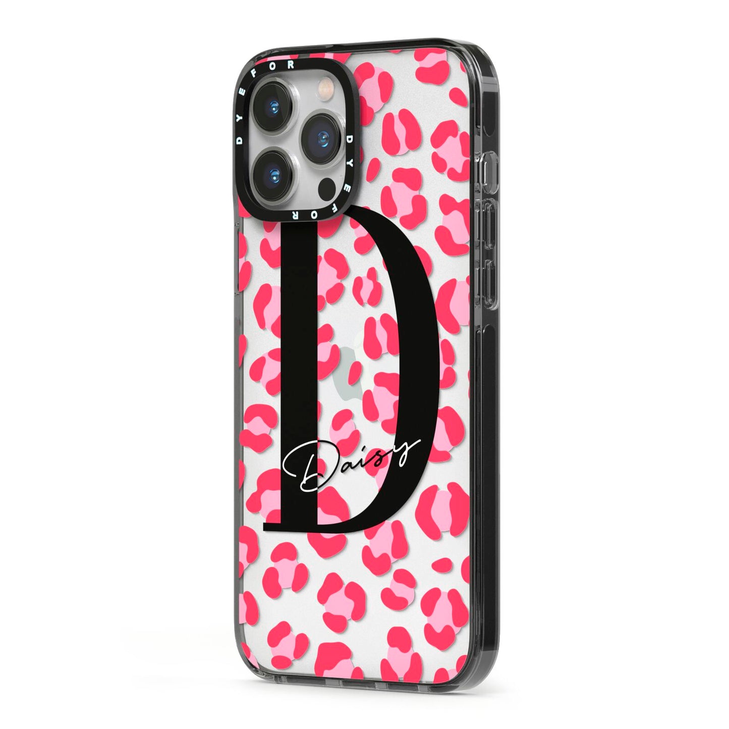 Personalised Pink Clear Leopard Print iPhone 13 Pro Max Black Impact Case Side Angle on Silver phone