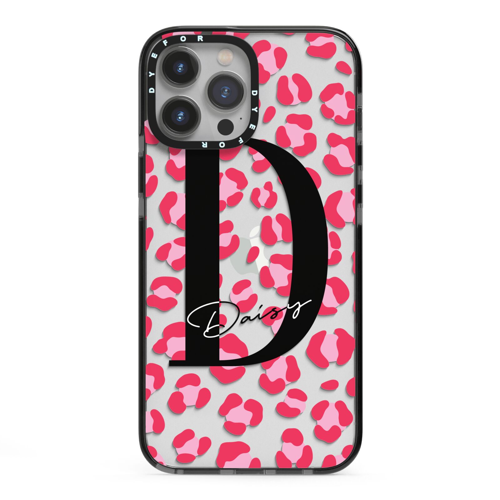 Personalised Pink Clear Leopard Print iPhone 13 Pro Max Black Impact Case on Silver phone