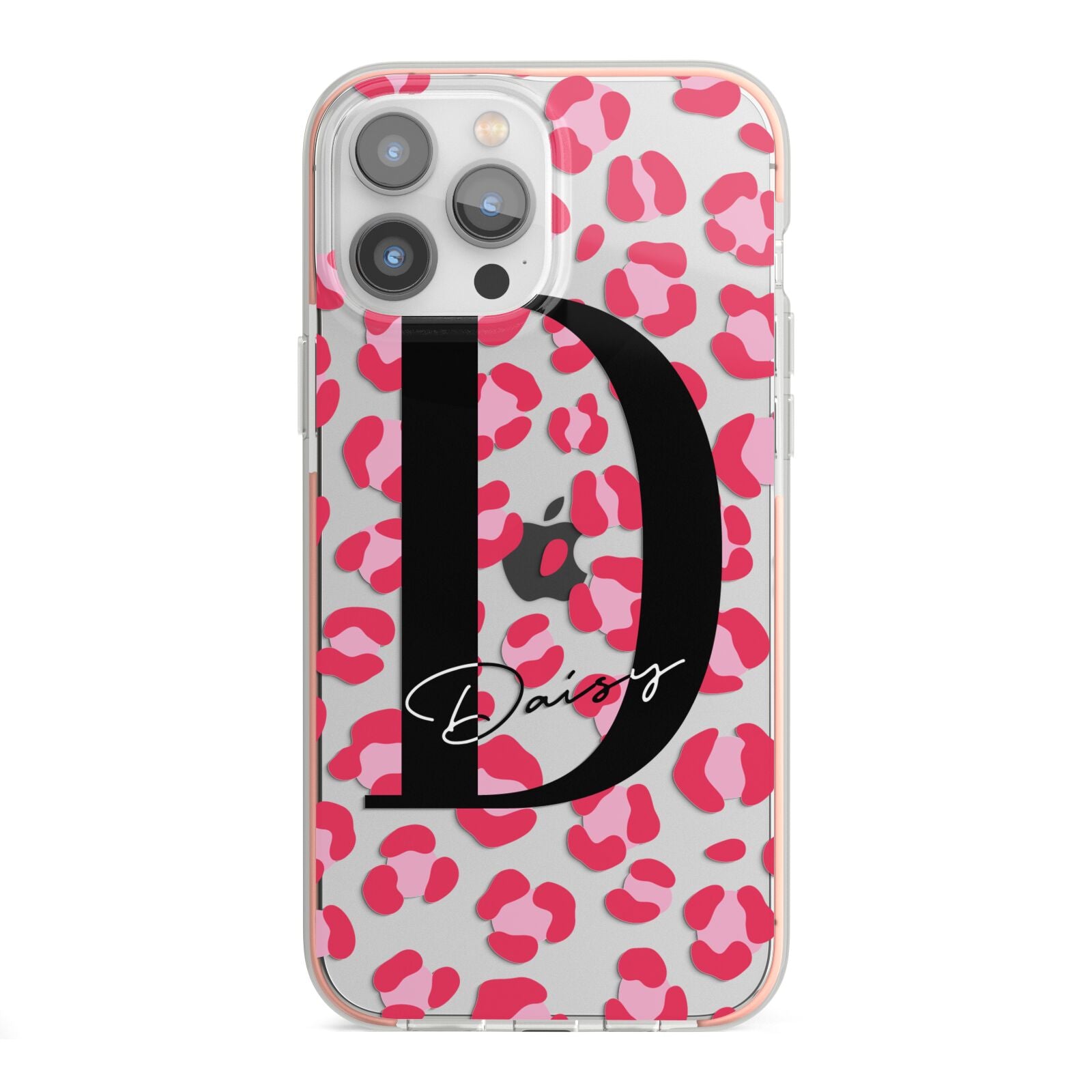 Personalised Pink Clear Leopard Print iPhone 13 Pro Max TPU Impact Case with Pink Edges