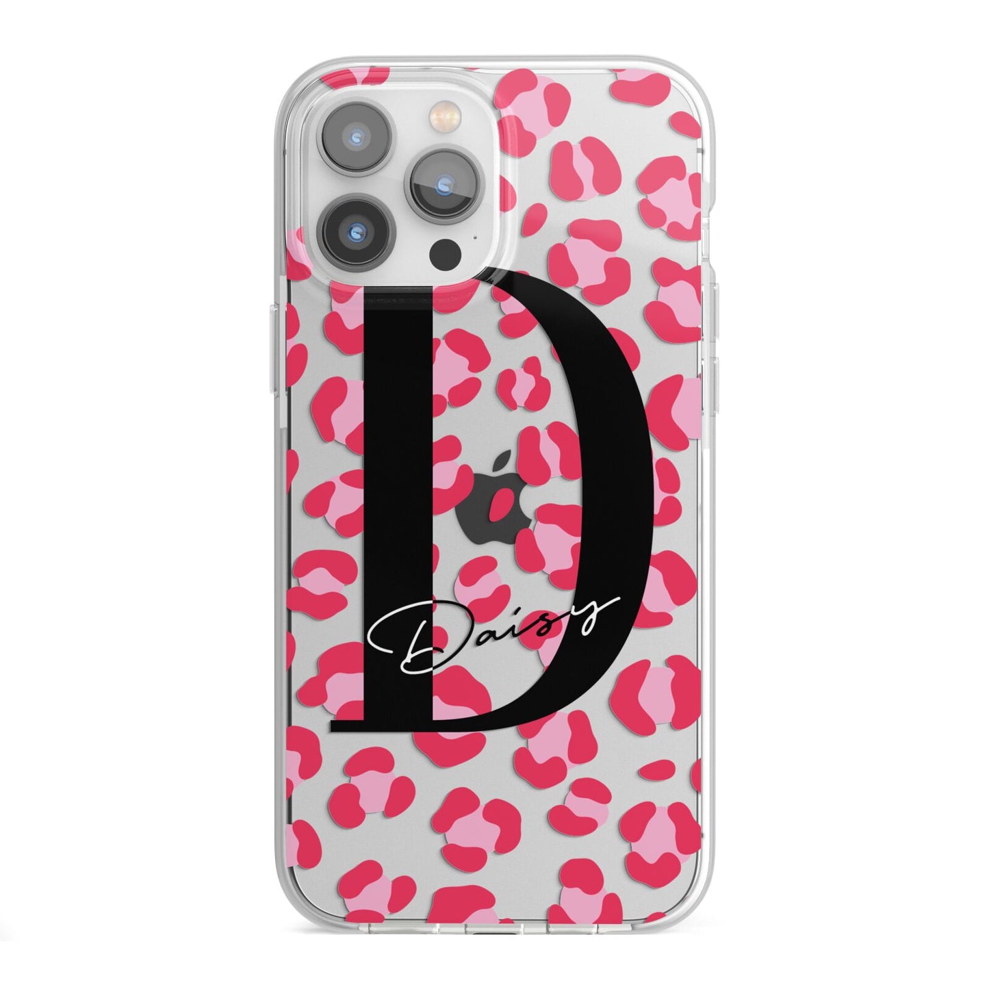Personalised Pink Clear Leopard Print iPhone 13 Pro Max TPU Impact Case with White Edges