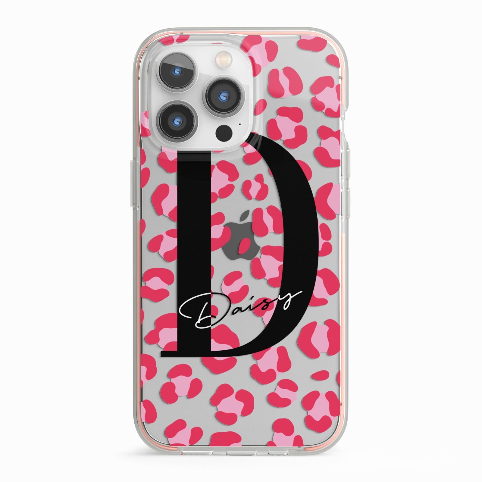 Personalised Pink Clear Leopard Print iPhone 13 Pro TPU Impact Case with Pink Edges