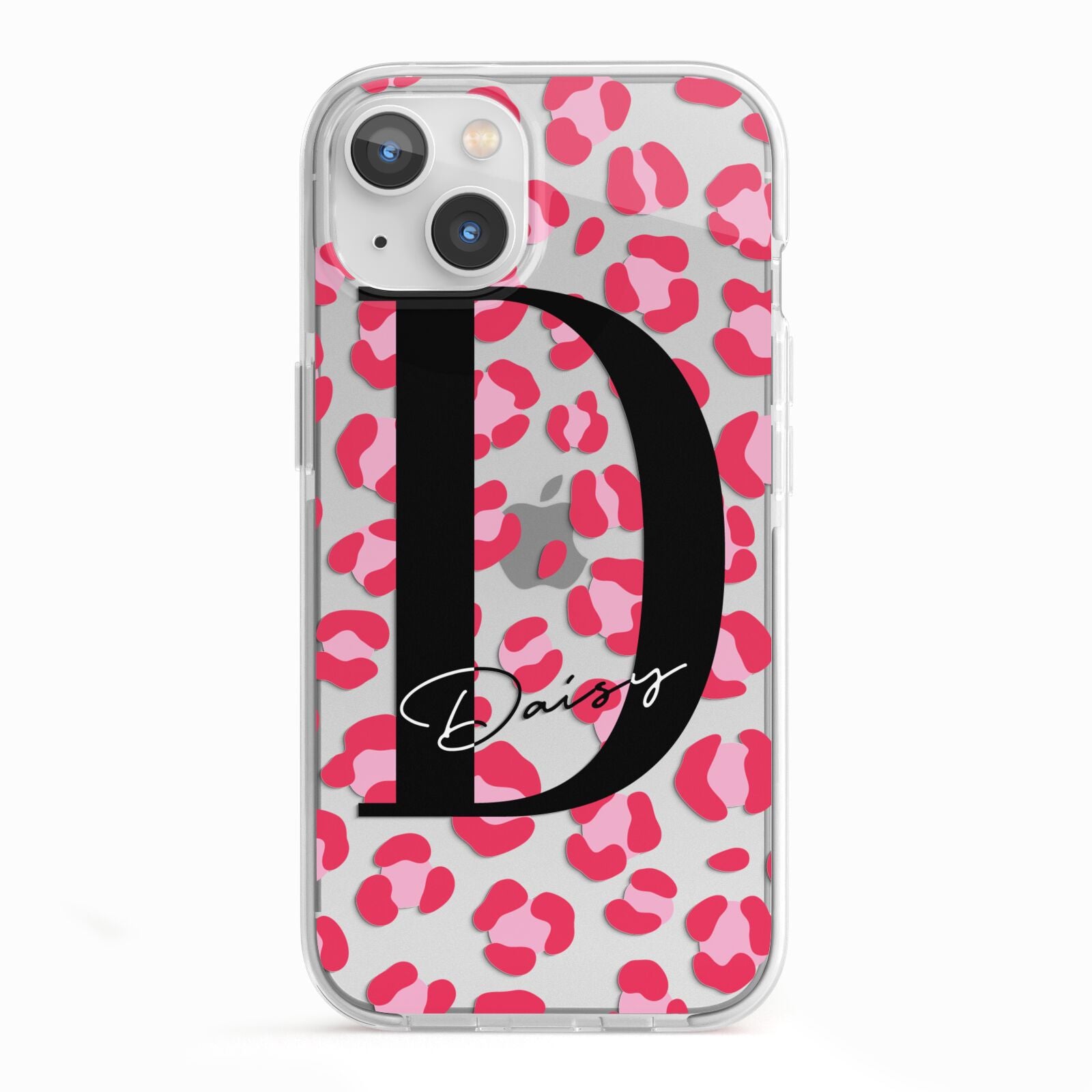 Personalised Pink Clear Leopard Print iPhone 13 TPU Impact Case with White Edges