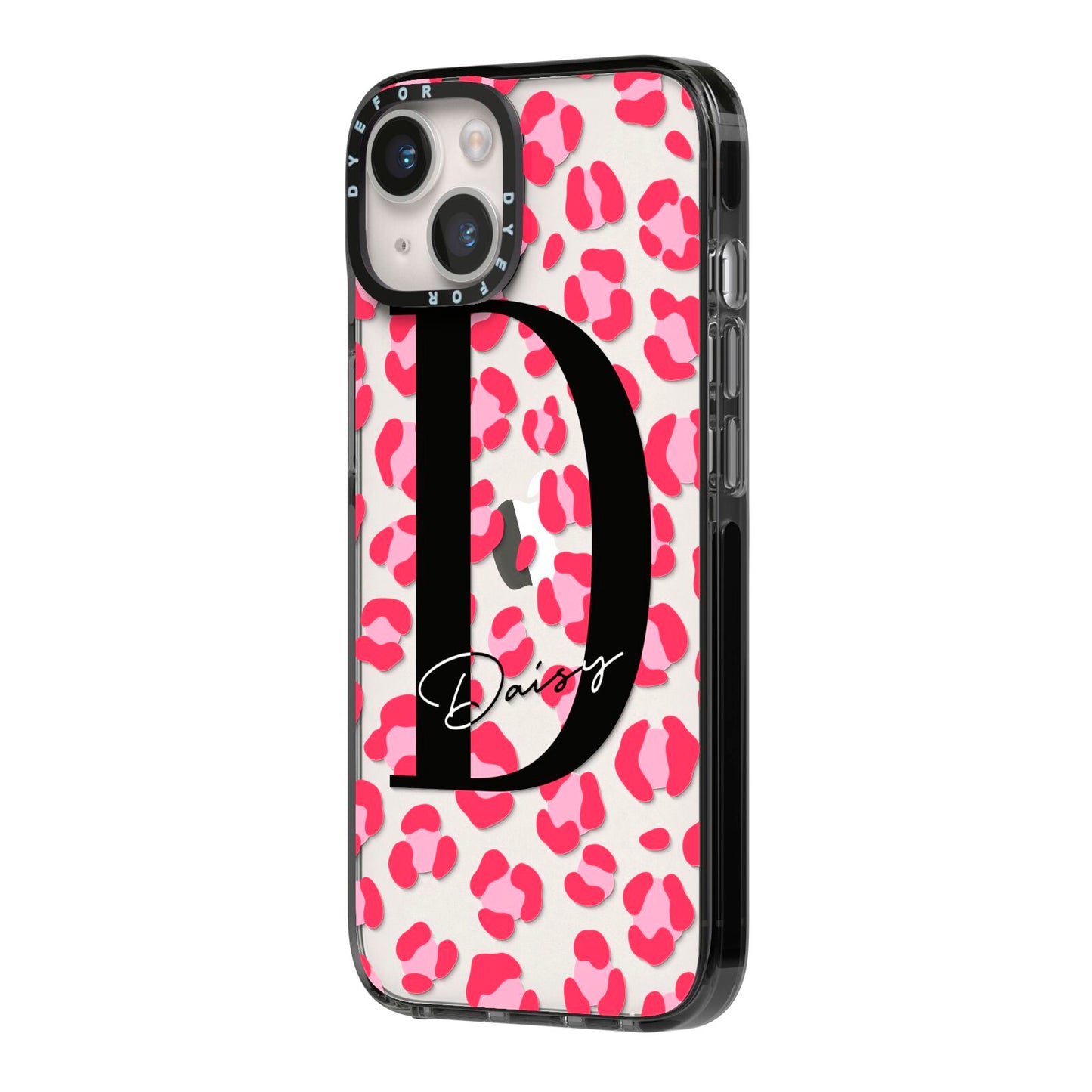 Personalised Pink Clear Leopard Print iPhone 14 Black Impact Case Side Angle on Silver phone