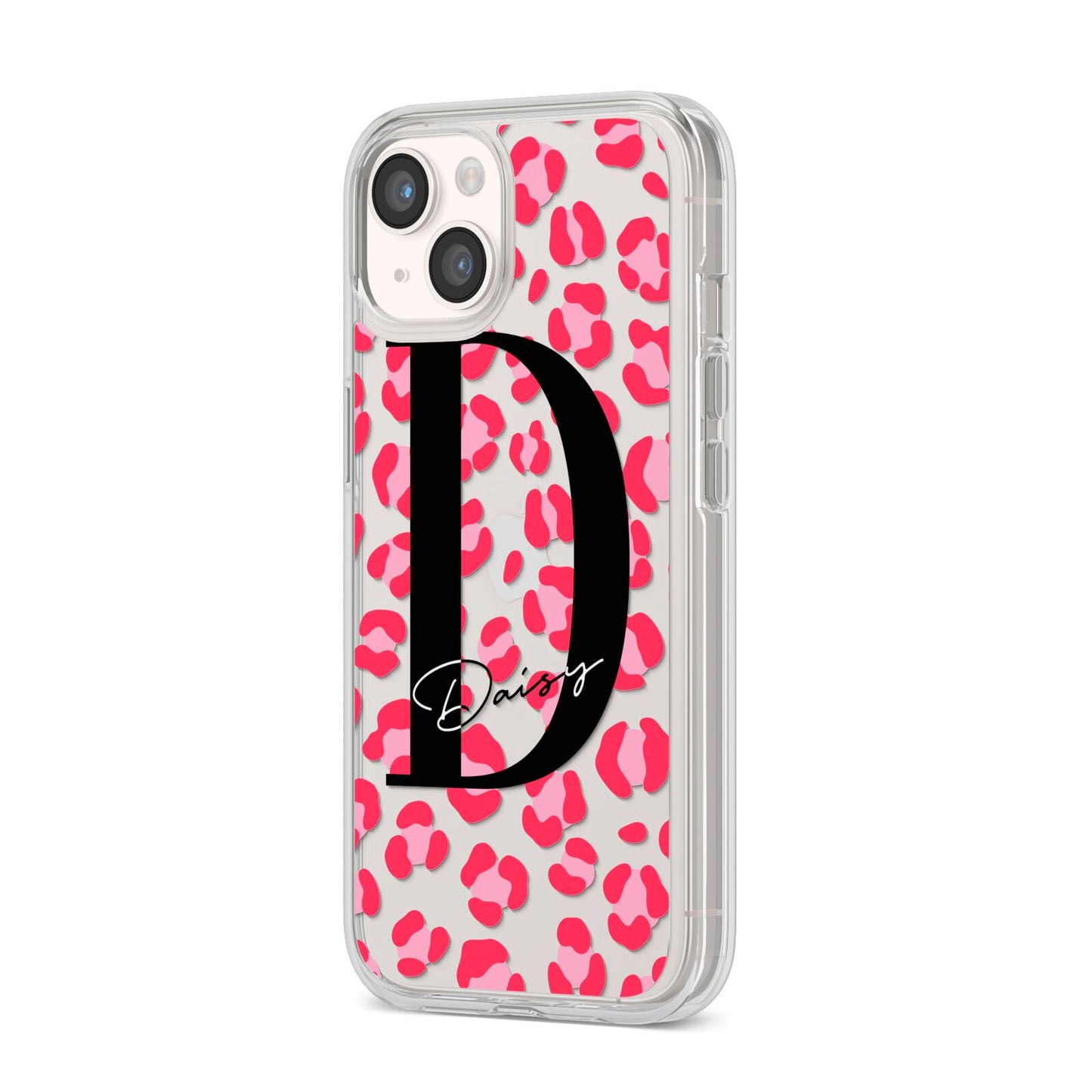 Personalised Pink Clear Leopard Print iPhone 14 Clear Tough Case Starlight Angled Image