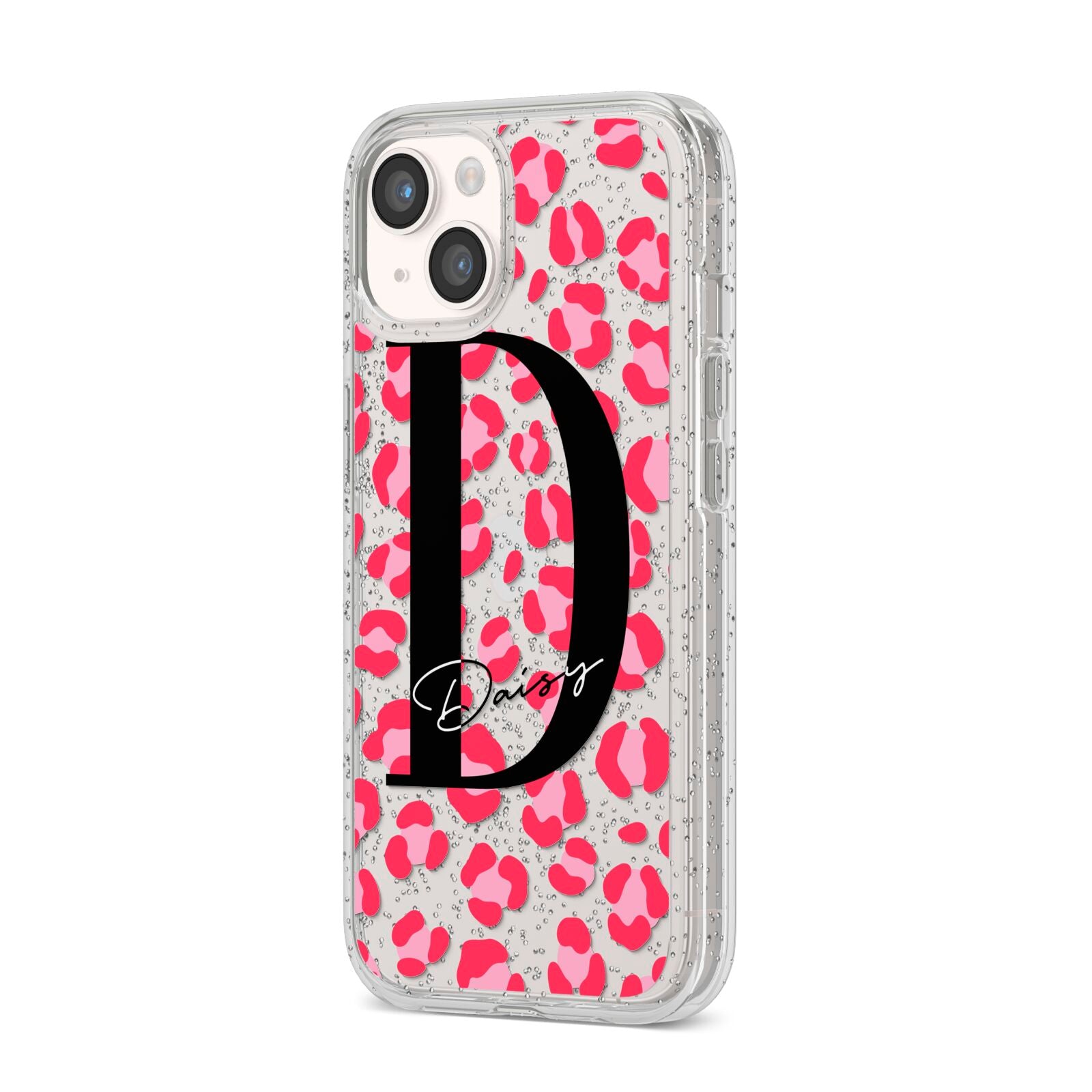 Personalised Pink Clear Leopard Print iPhone 14 Glitter Tough Case Starlight Angled Image