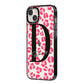 Personalised Pink Clear Leopard Print iPhone 14 Plus Black Impact Case Side Angle on Silver phone