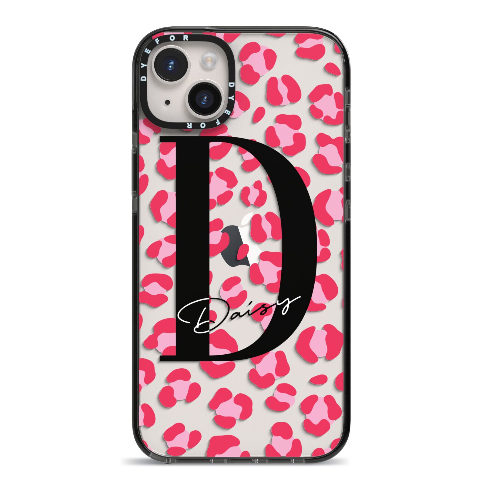 Personalised Pink Clear Leopard Print iPhone 14 Plus Black Impact Case on Silver phone