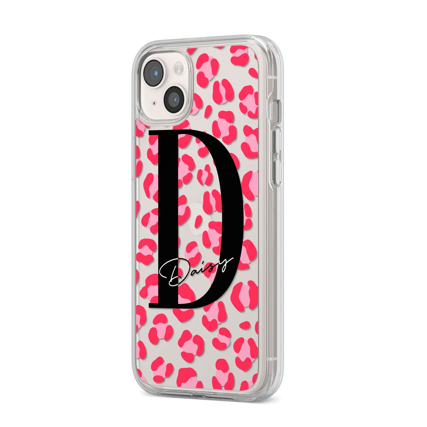 Personalised Pink Clear Leopard Print iPhone 14 Plus Clear Tough Case Starlight Angled Image