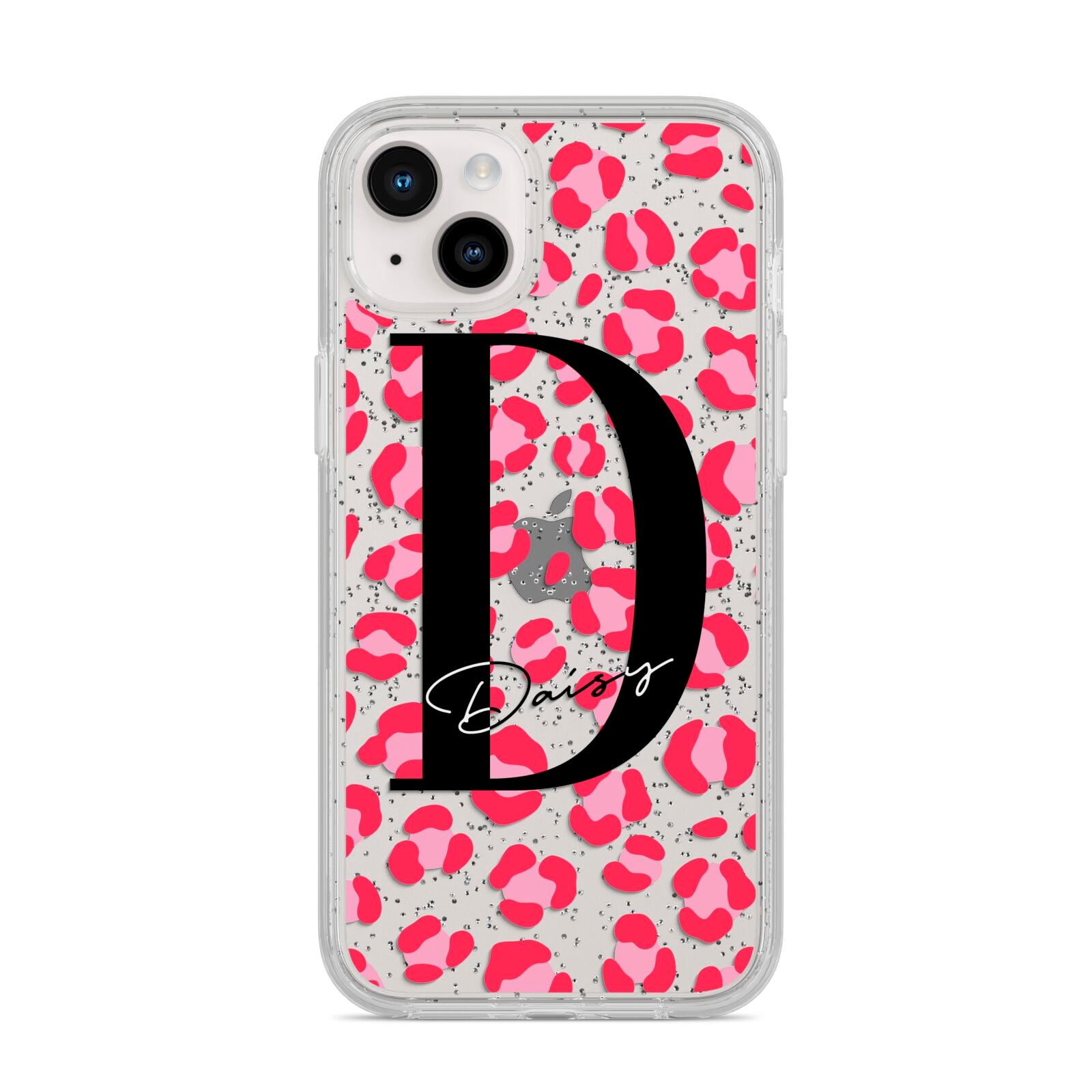 Personalised Pink Clear Leopard Print iPhone 14 Plus Glitter Tough Case Starlight
