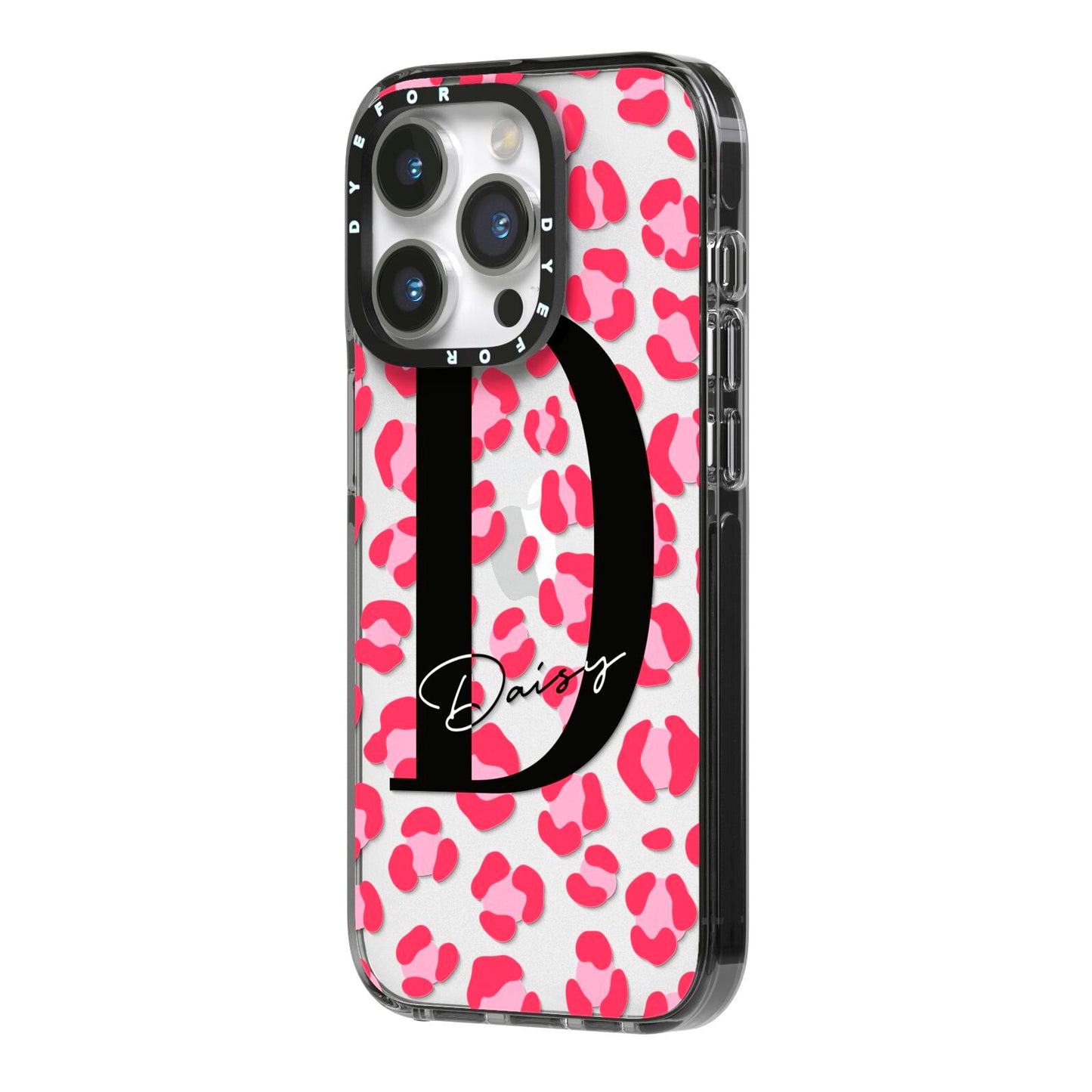 Personalised Pink Clear Leopard Print iPhone 14 Pro Black Impact Case Side Angle on Silver phone
