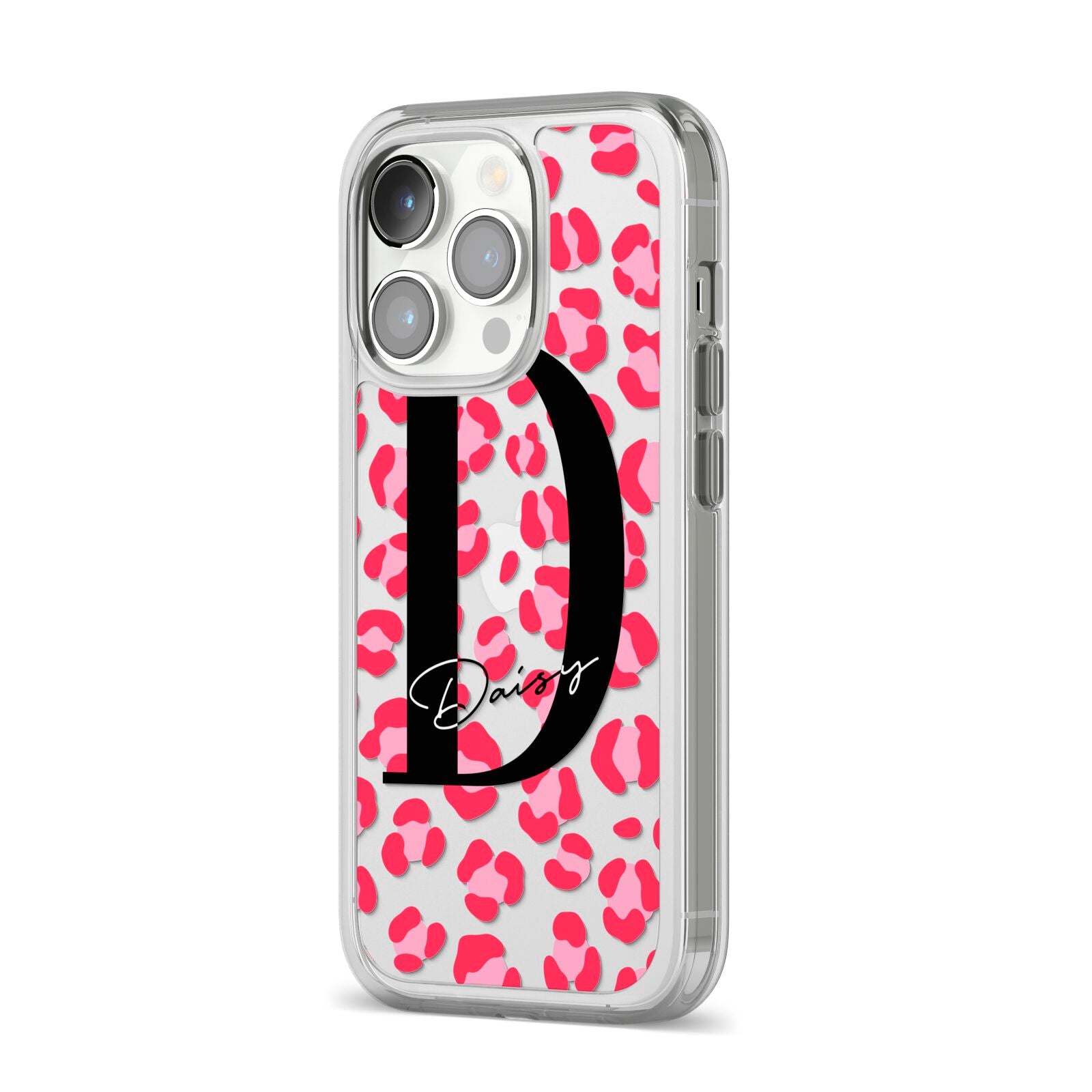 Personalised Pink Clear Leopard Print iPhone 14 Pro Clear Tough Case Silver Angled Image