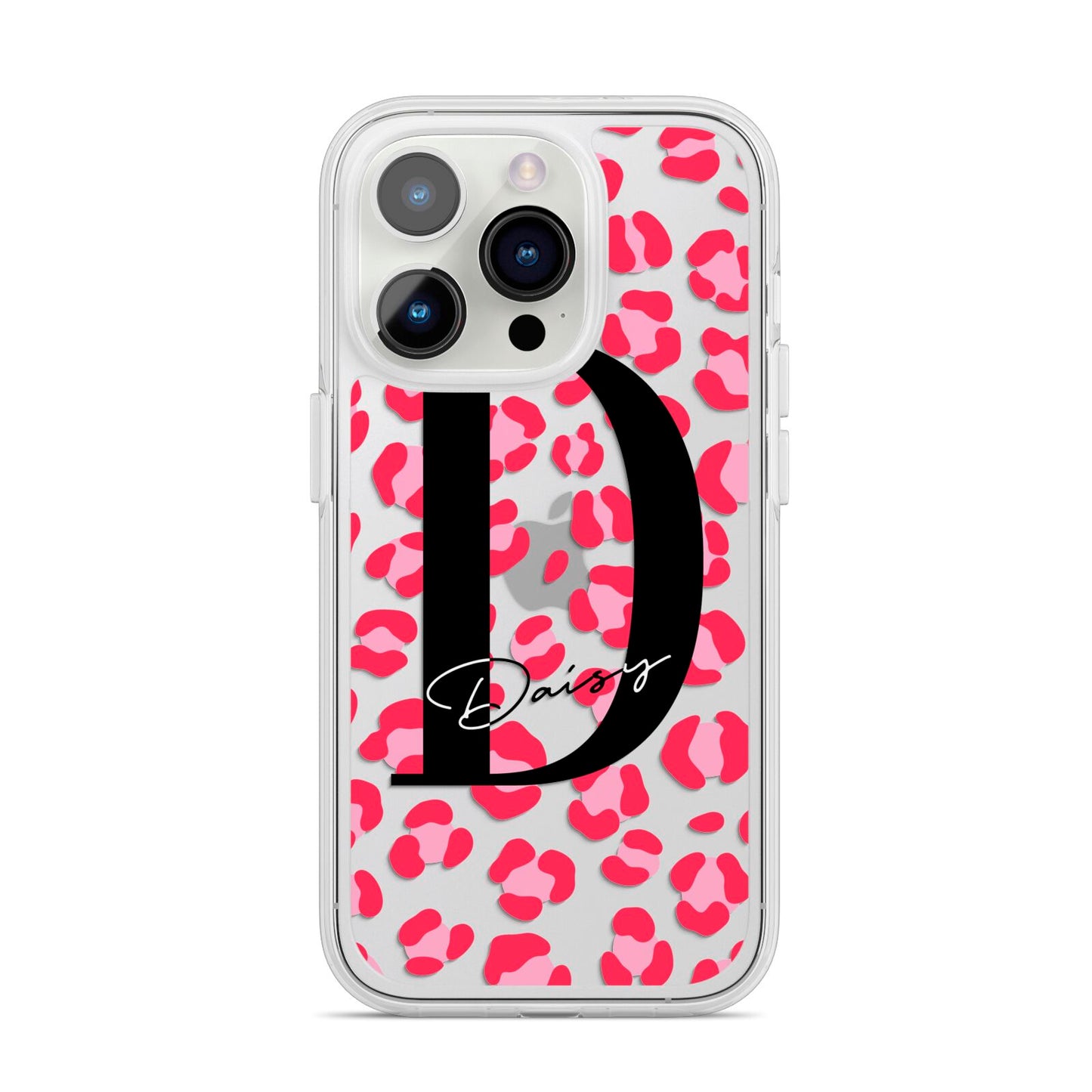 Personalised Pink Clear Leopard Print iPhone 14 Pro Clear Tough Case Silver