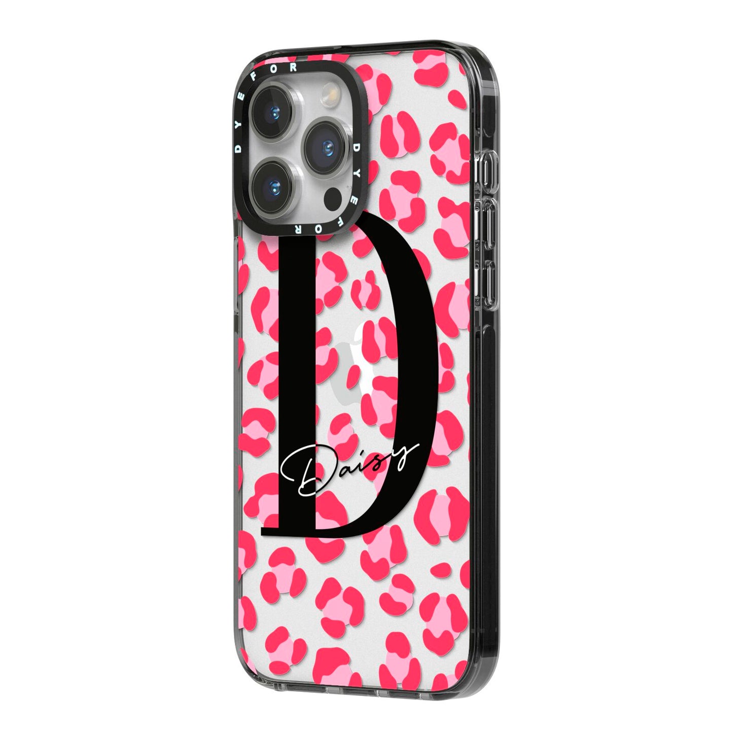Personalised Pink Clear Leopard Print iPhone 14 Pro Max Black Impact Case Side Angle on Silver phone