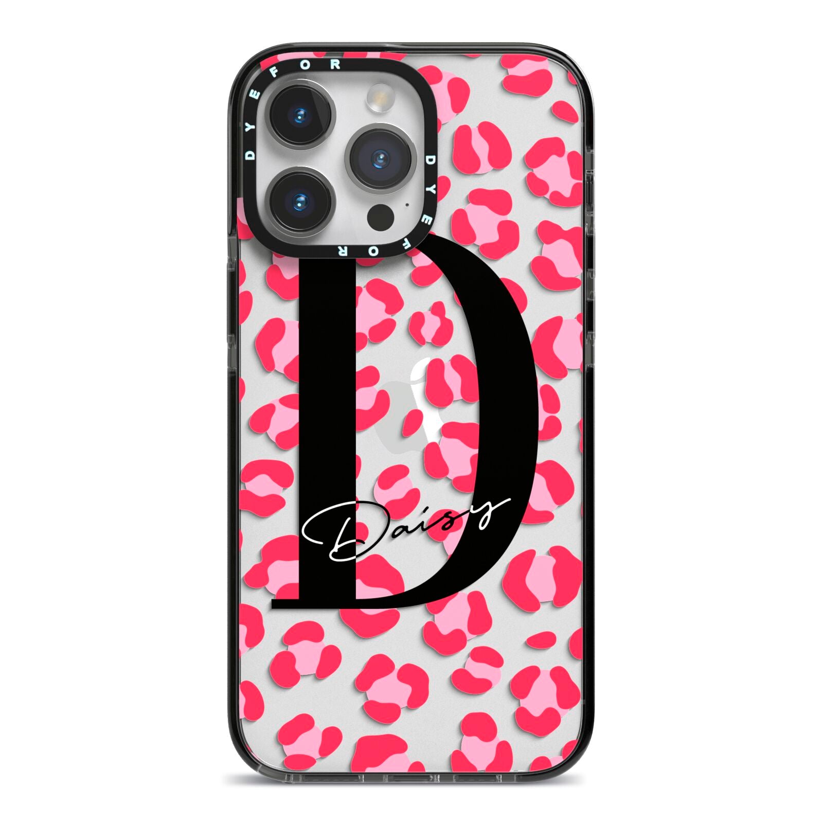 Personalised Pink Clear Leopard Print iPhone 14 Pro Max Black Impact Case on Silver phone