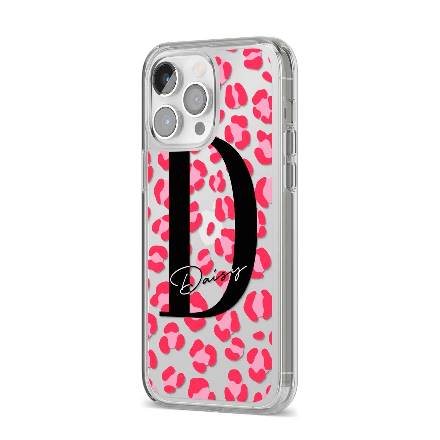 Personalised Pink Clear Leopard Print iPhone 14 Pro Max Clear Tough Case Silver Angled Image