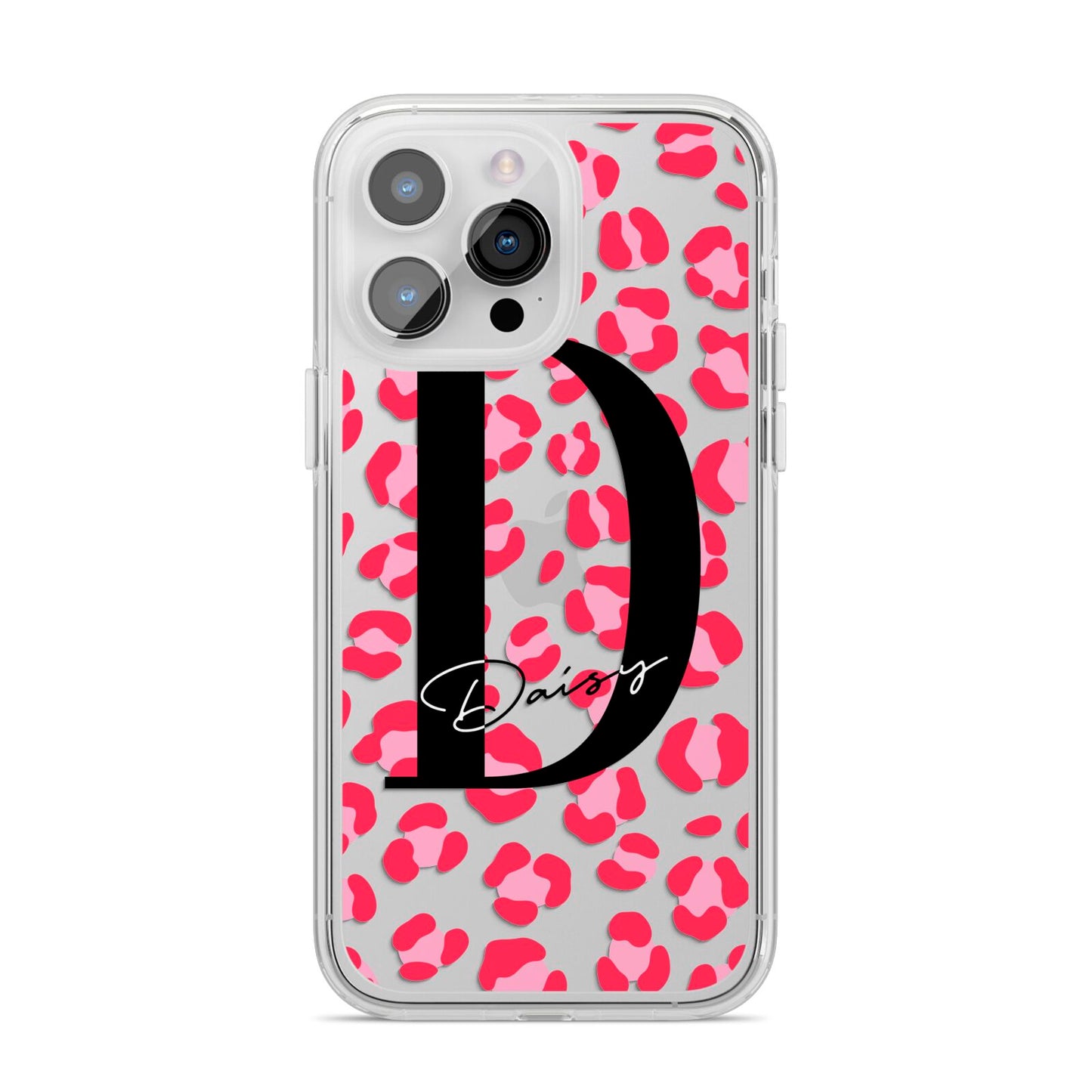 Personalised Pink Clear Leopard Print iPhone 14 Pro Max Clear Tough Case Silver