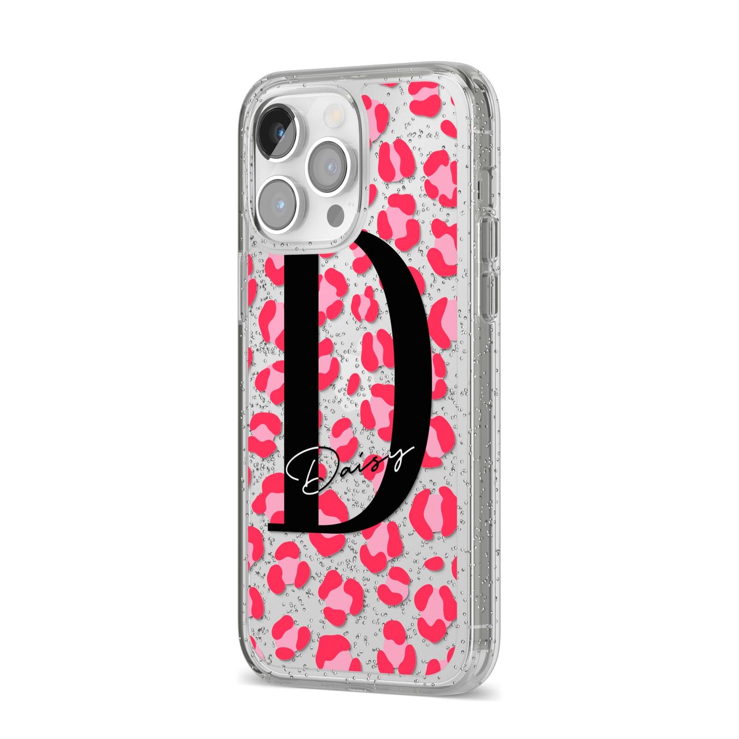 Personalised Pink Clear Leopard Print iPhone 14 Pro Max Glitter Tough Case Silver Angled Image