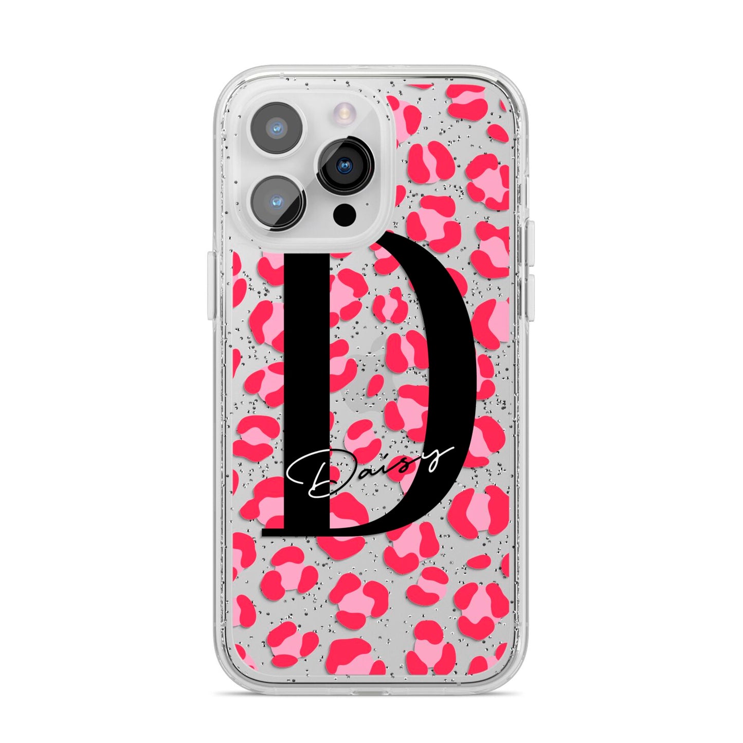 Personalised Pink Clear Leopard Print iPhone 14 Pro Max Glitter Tough Case Silver