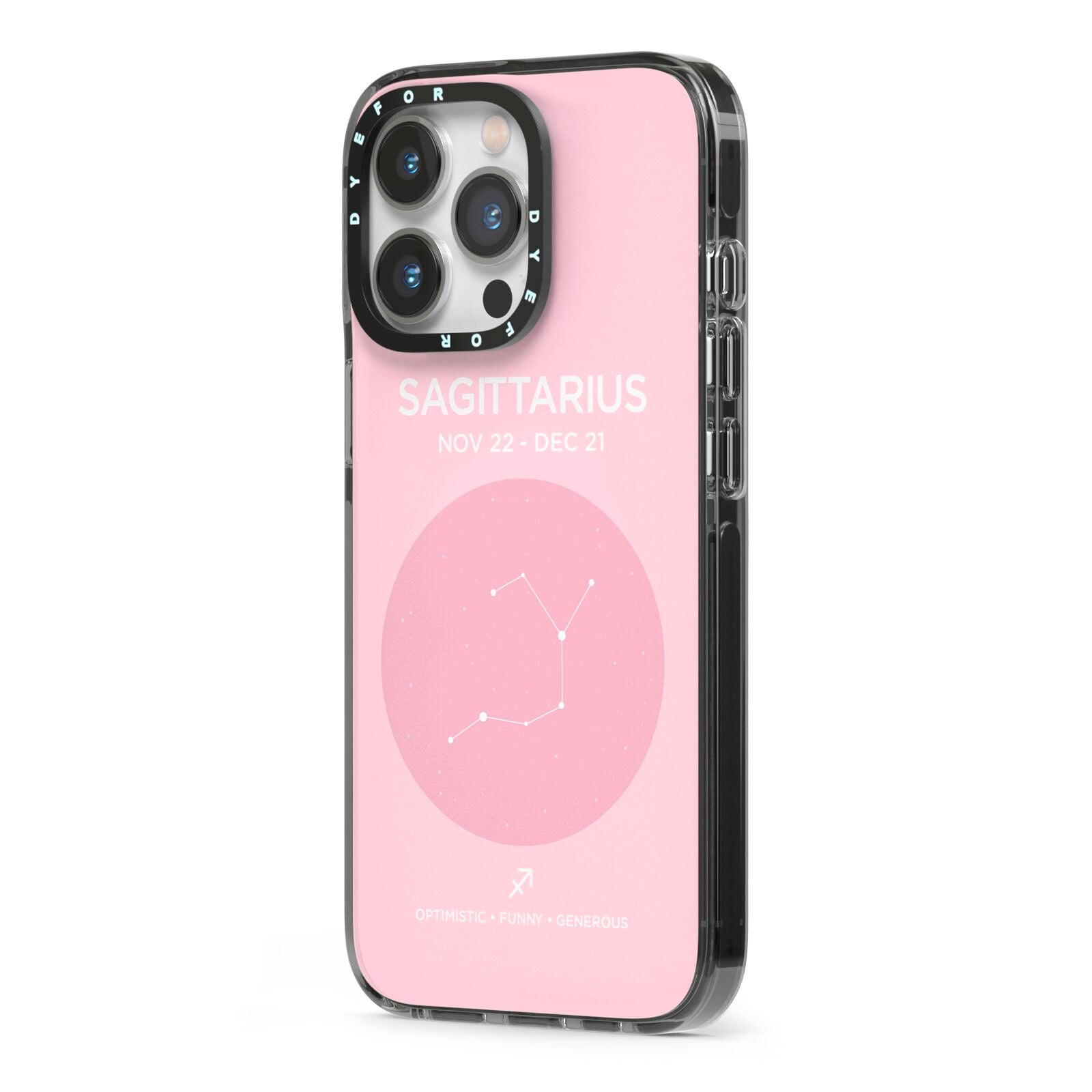 Personalised Pink Constellation Zodiac Sign iPhone 13 Pro Black Impact Case Side Angle on Silver phone