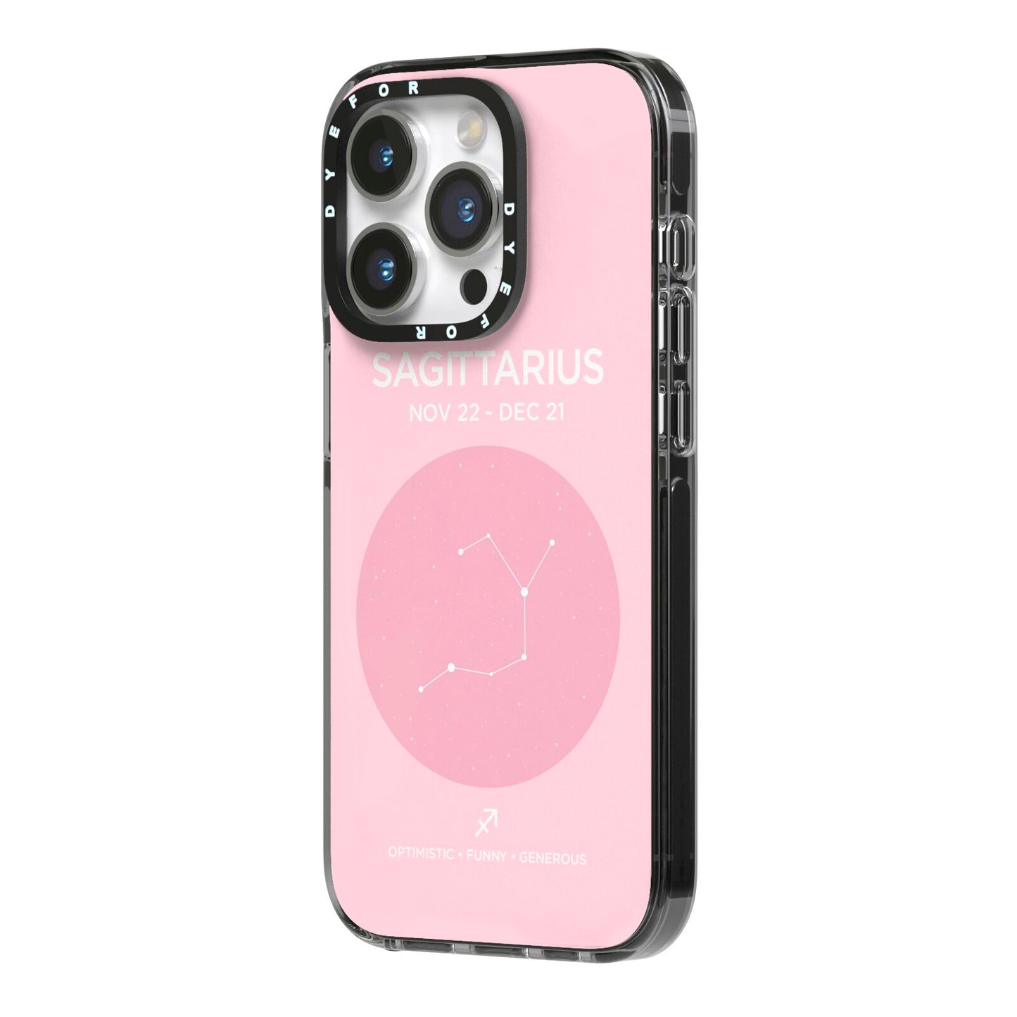 Personalised Pink Constellation Zodiac Sign iPhone 14 Pro Black Impact Case Side Angle on Silver phone