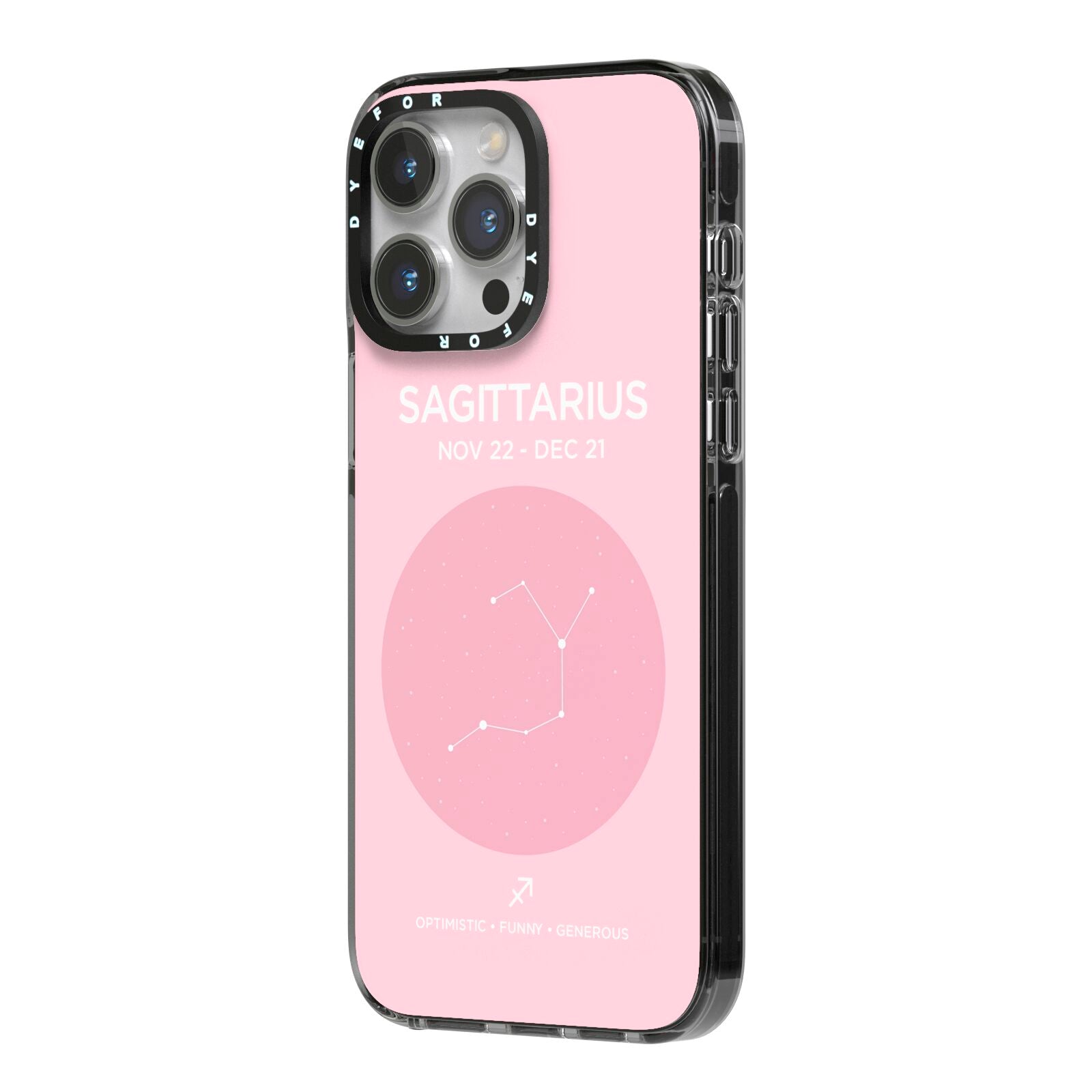Personalised Pink Constellation Zodiac Sign iPhone 14 Pro Max Black Impact Case Side Angle on Silver phone