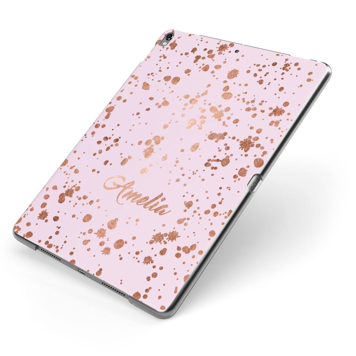 Personalised Pink Copper Splats Name Apple iPad Case on Grey iPad Side View