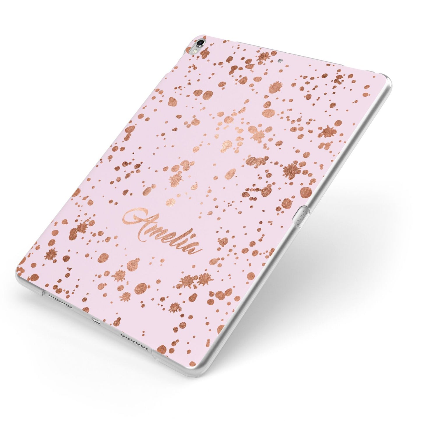 Personalised Pink Copper Splats Name Apple iPad Case on Silver iPad Side View