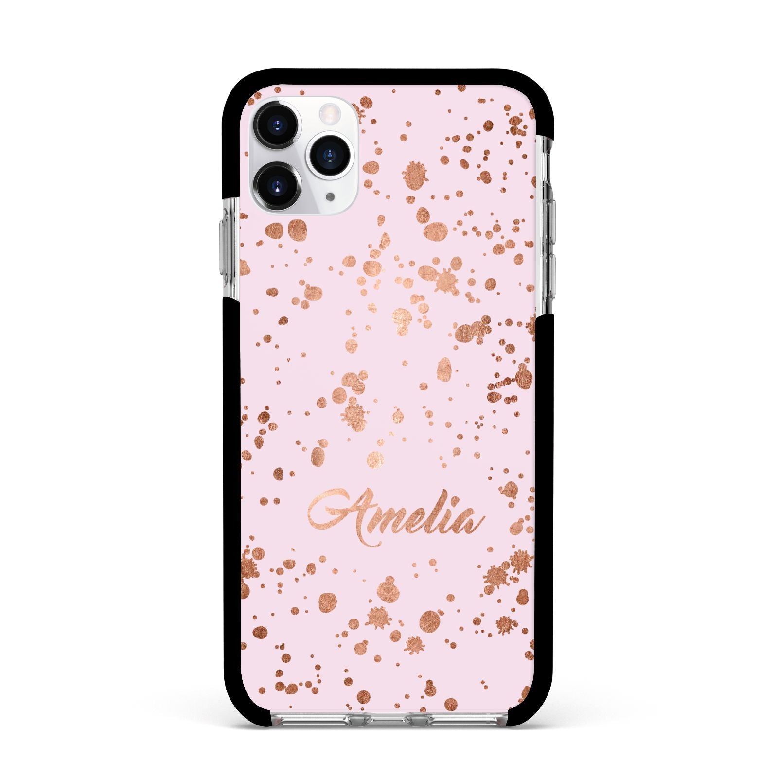 Personalised Pink Copper Splats Name Apple iPhone 11 Pro Max in Silver with Black Impact Case