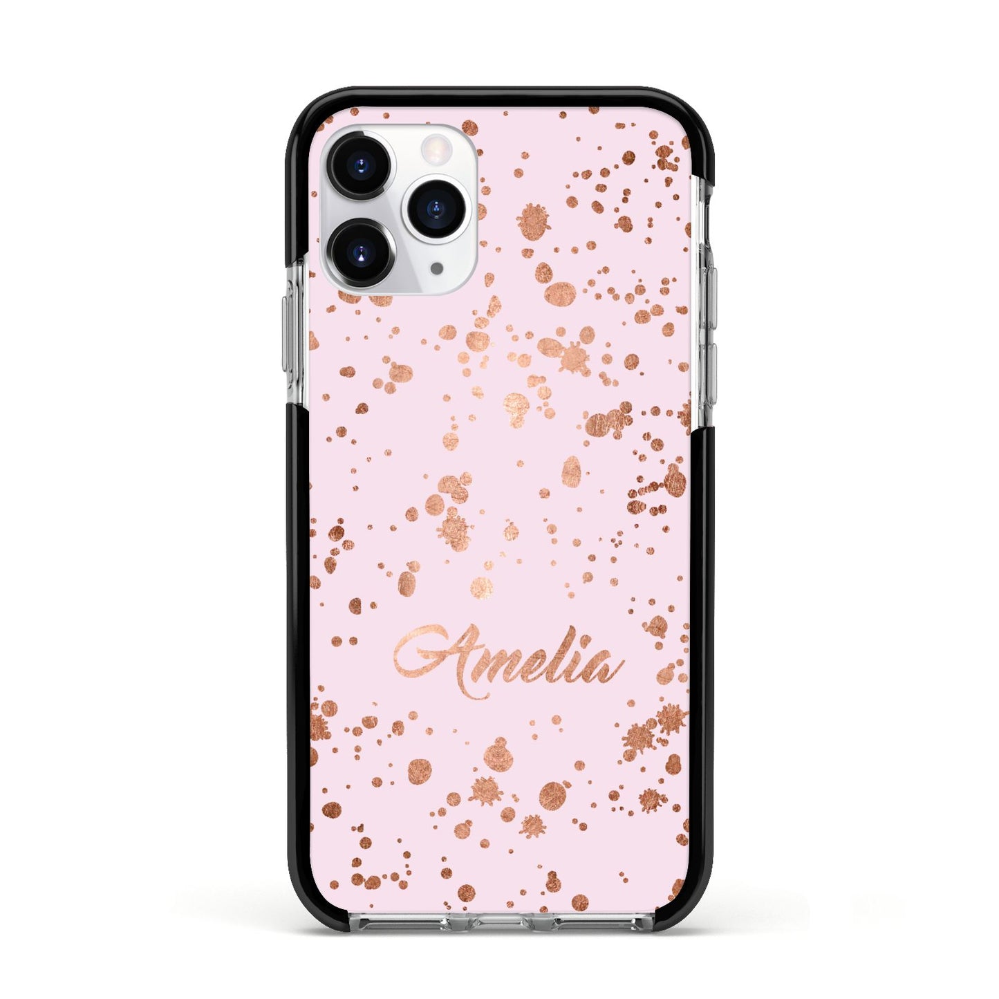 Personalised Pink Copper Splats Name Apple iPhone 11 Pro in Silver with Black Impact Case